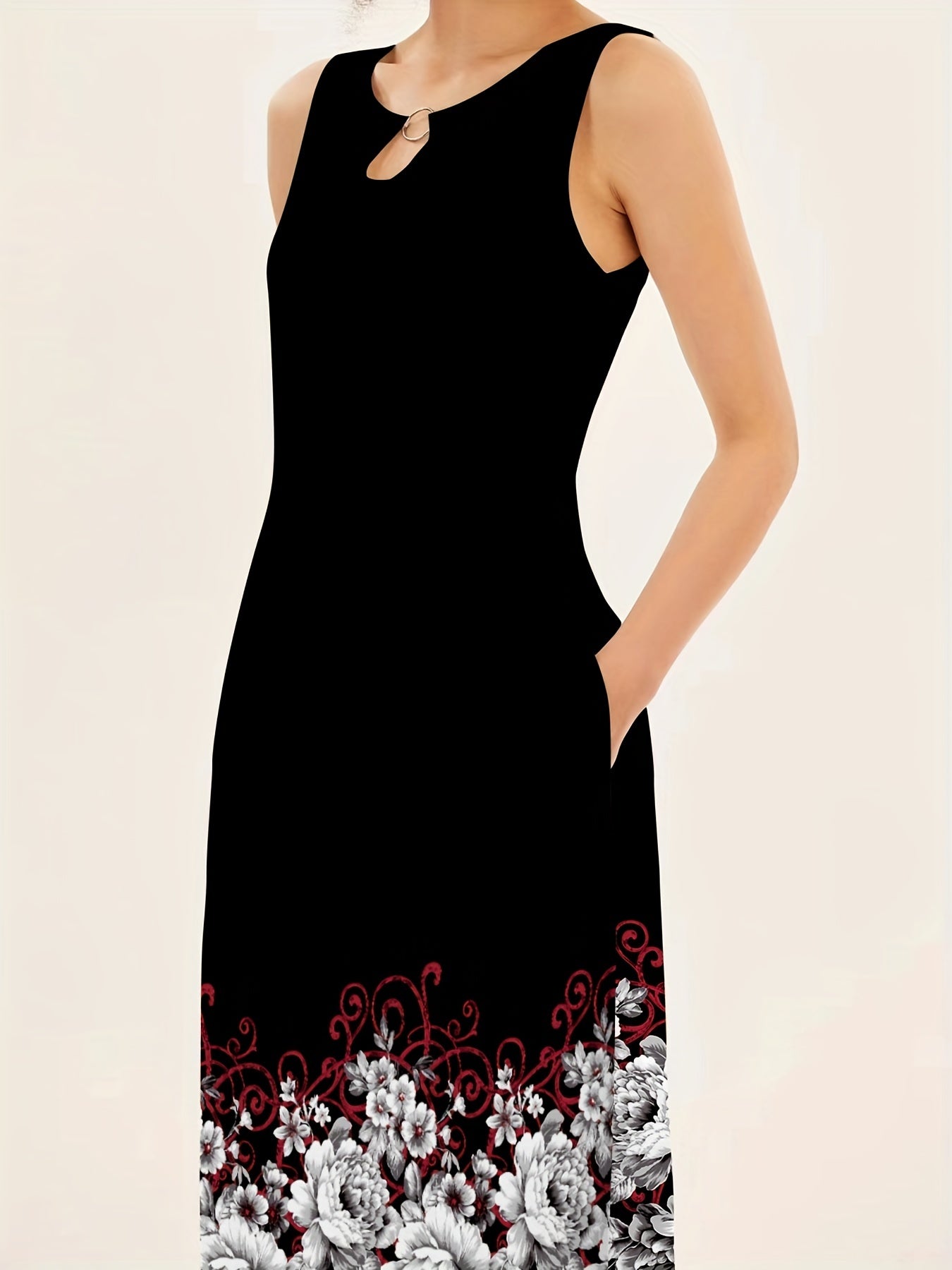 Floral Print Ring Linked Dress, Casual Crew Neck Dual Pockets Tank Dress, Women's Clothing