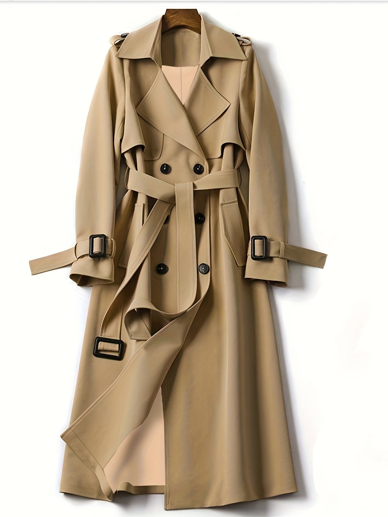 vlovelaw Plus Size Casual Coat, Women's Plus Solid Long Sleeve Lapel Collar Double Button Buckle Overcoat With Belt