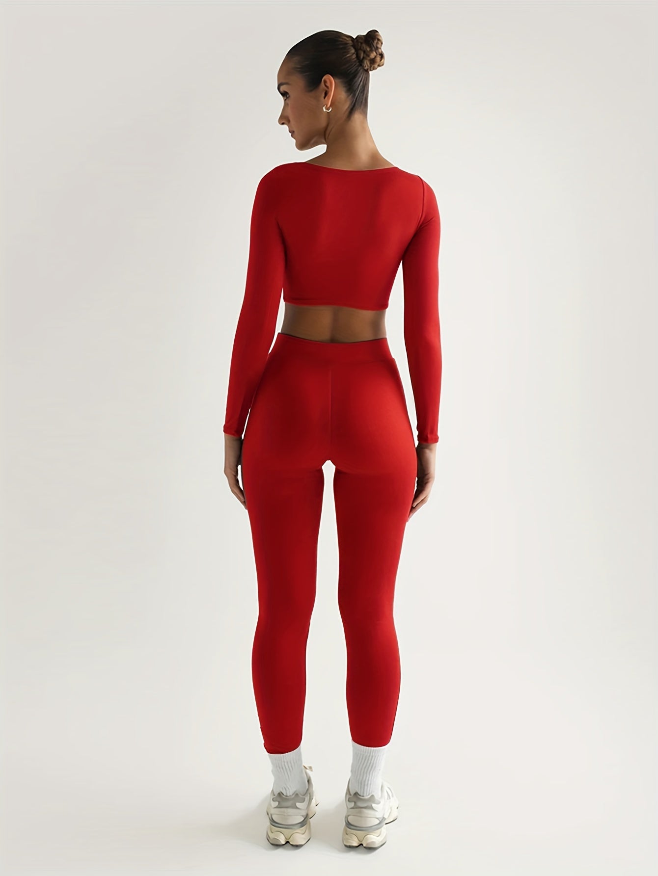 vlovelaw Solid Color Spring Casual Two-piece Set, U Neck Long Sleeve Crop Top & Skinny Pants Outfits, Women's Clothing