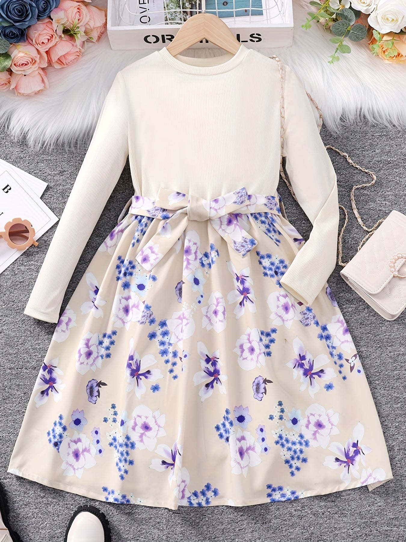 vlovelaw Girls Long Sleeves Round Neck Flowers Splicing Belted Dress For Party Kids Spring Clothes