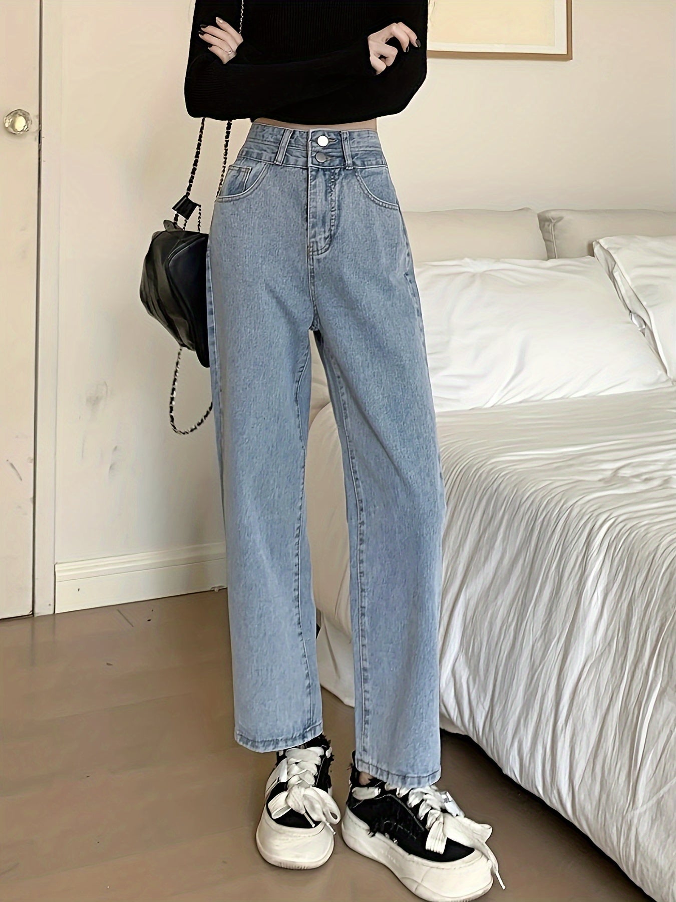 vlovelaw Double Buttons Plain Straight Leg Jeans, High Rise Loose Fit Washed Blue Denim Pants, Women's Denim Jeans & Clothing