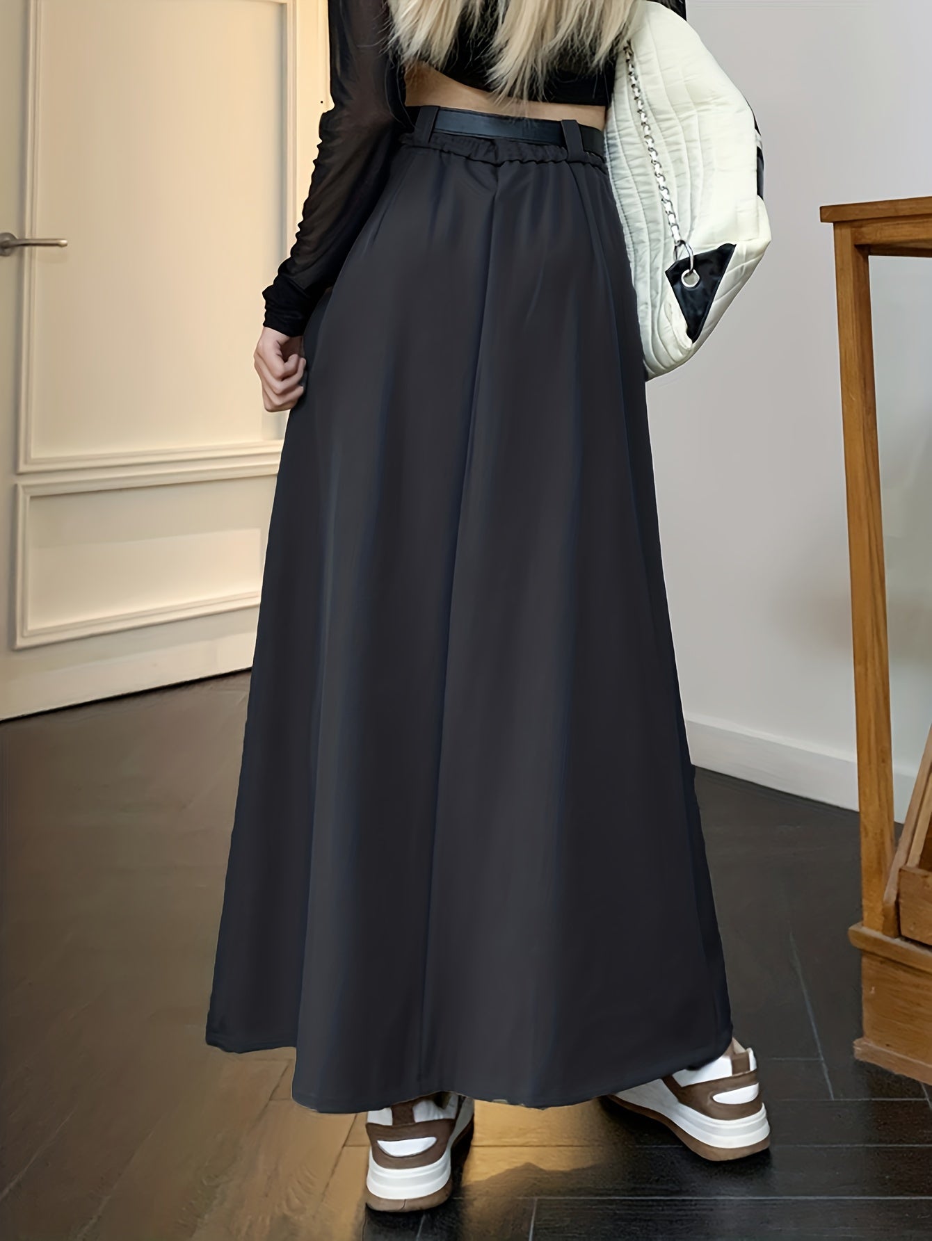 Solid Pleated Swing Skirt, Versatile High Waist Skirt For Spring & Summer, Women's Clothing