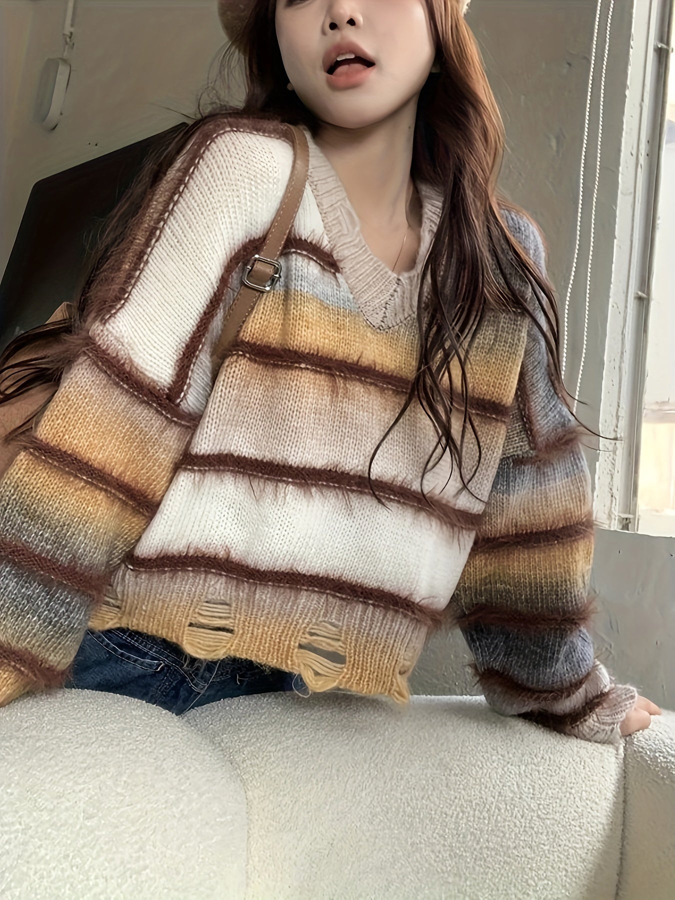 vlovelaw Striped V Neck Pullover Sweater, Casual Long Sleeve Ripped Sweater, Women's Clothing