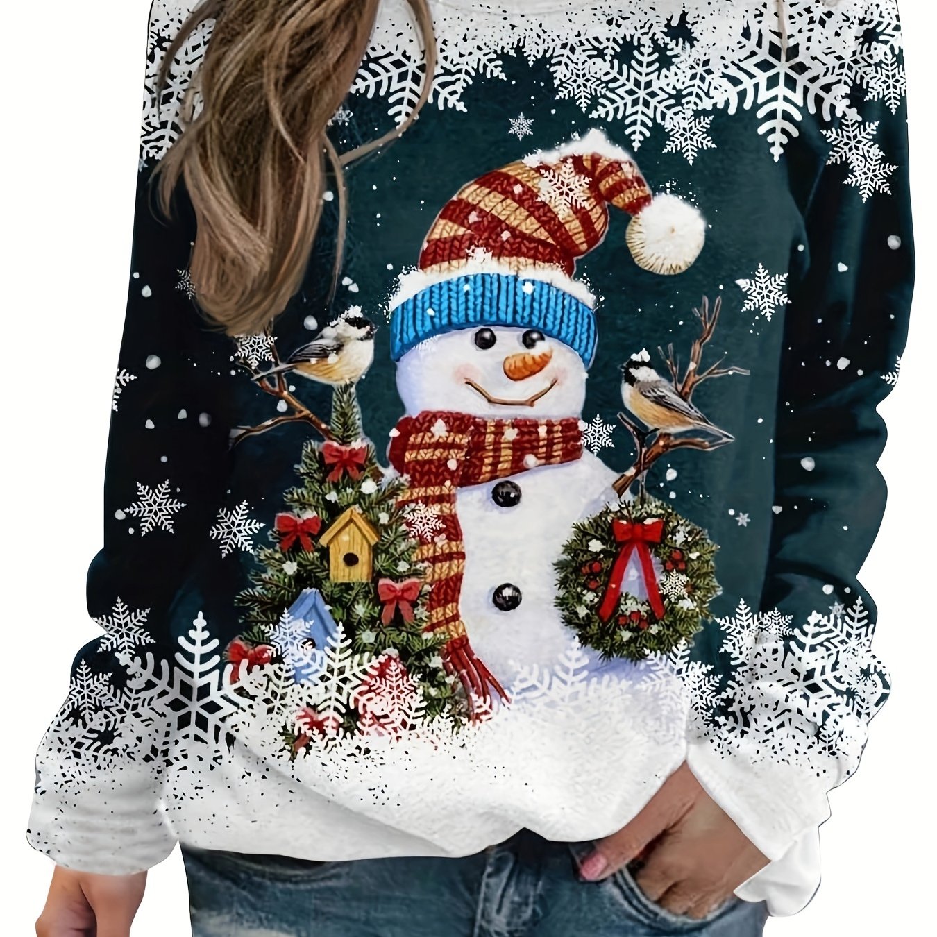 vlovelaw Christmas Snowman Printed Warm Sports Sweatshirts, Long-sleeved Round Neck Casual Sports Pullover Tops For Winter And Autumn, Women's Sporty Sweatshirts
