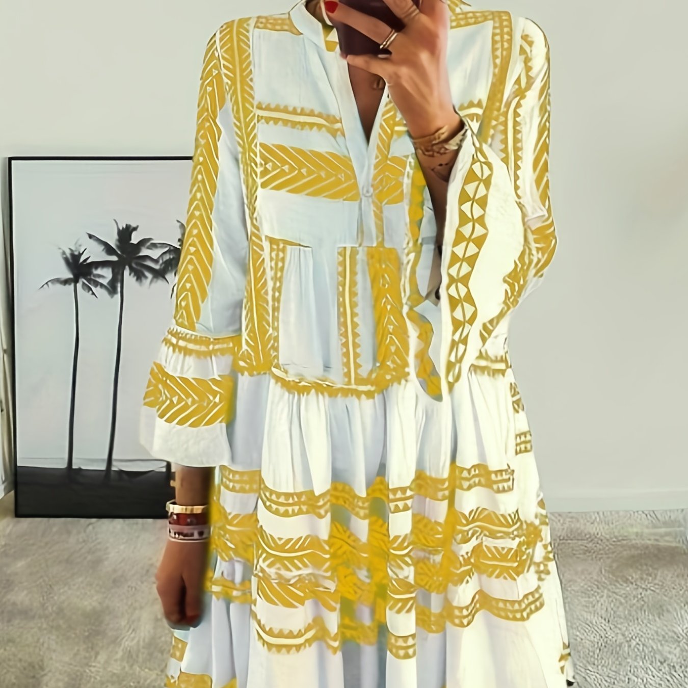 vlovelaw Tribal Print Dress, Vacation Pleated Flared Sleeve Dress, Women's Clothing