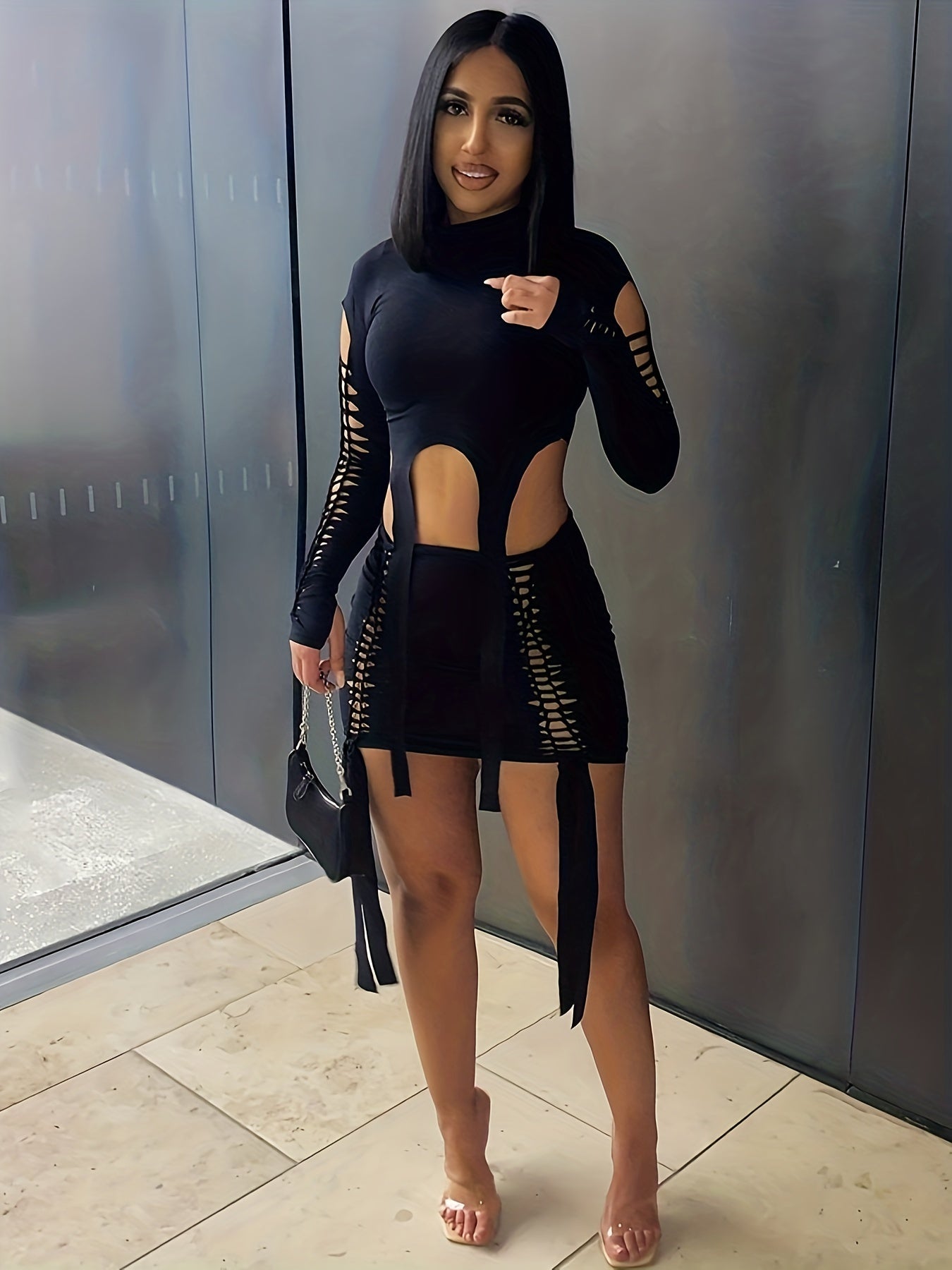 vlovelaw Cutout Solid Two-piece Skirt Set, Irregular Hem Long Sleeve Top & Slim Mini Skirt Outfits, Women's Clothing