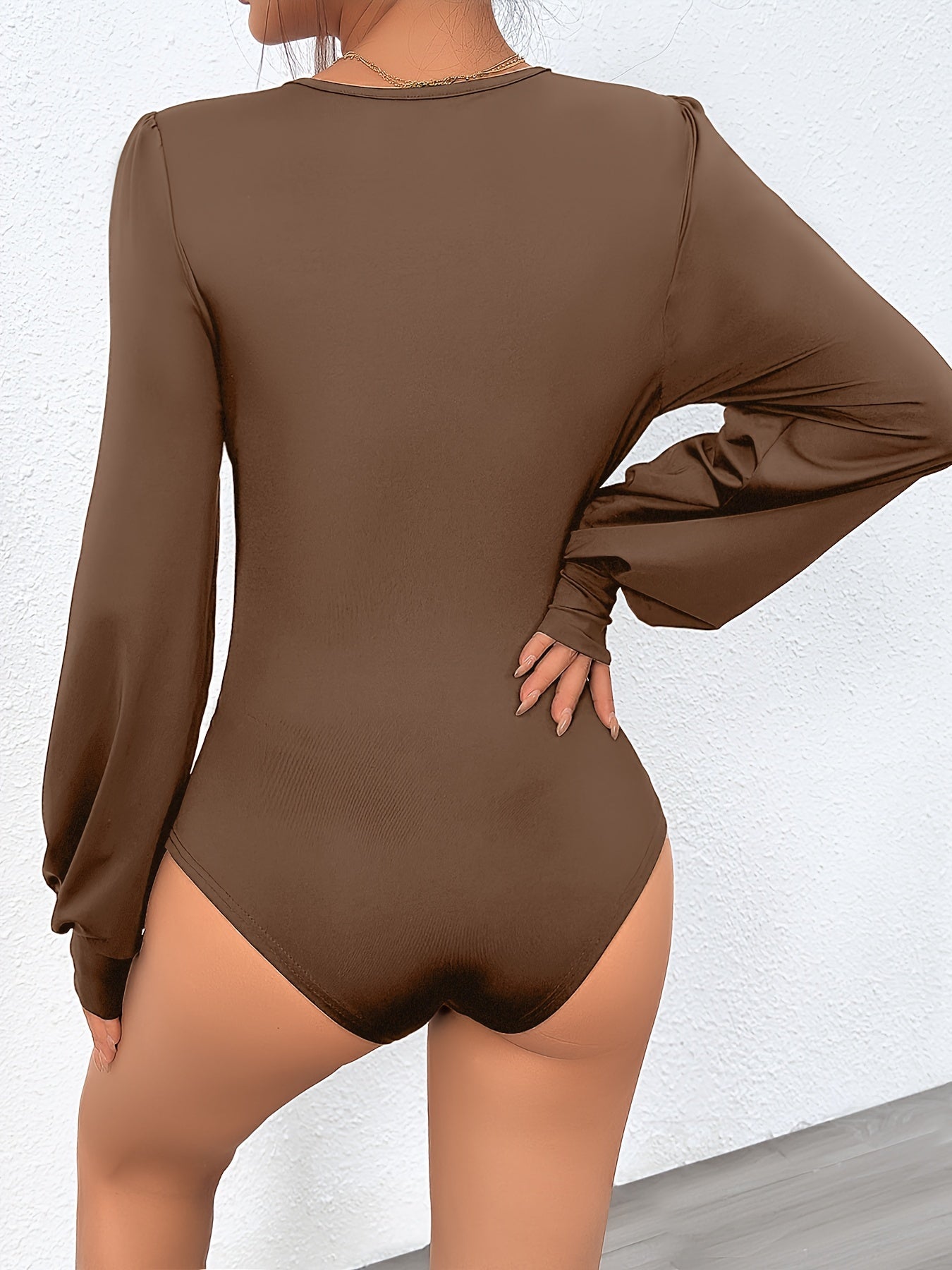 vlovelaw Solid Crew Neck Bodysuit, Elegant Lantern Sleeve Slim Bodysuit, Women's Clothing