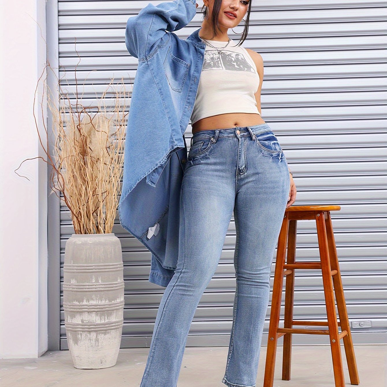 vlovelaw High Stretch Casual Skinny Jeans, High Waist Slant Pockets Denim Pants, Women's Denim Jeans & Clothing
