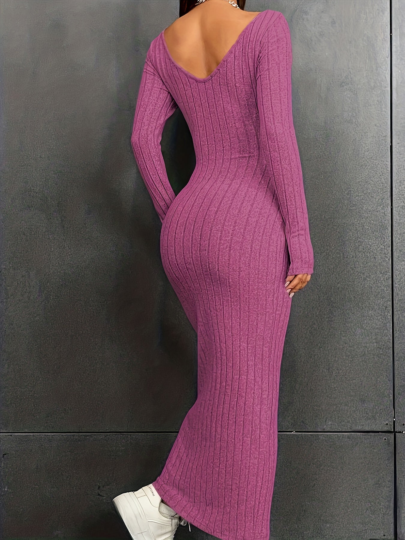 vlovelaw Backless Long Sleeve Ribbed Dress, Casual V Neck Maxi Length Slim Dress, Women's Clothing