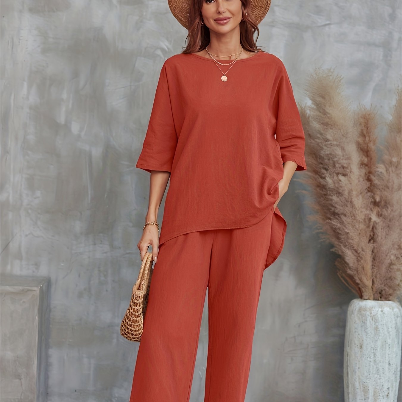 vlovelaw Solid Casual Two-piece Set, Crew Neck Half Sleeve Tee & Wide Leg Pants Outfits, Women's Clothing