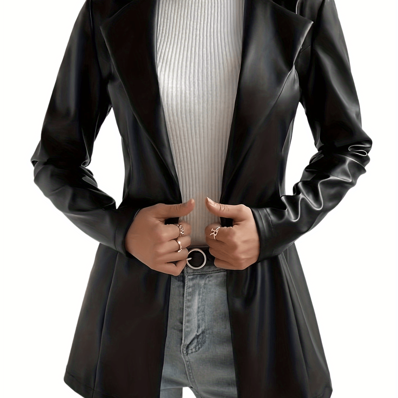 vlovelaw One Button PU Jacket, Elegant Lapel Open Front Long Sleeve Outerwear, Women's Clothing