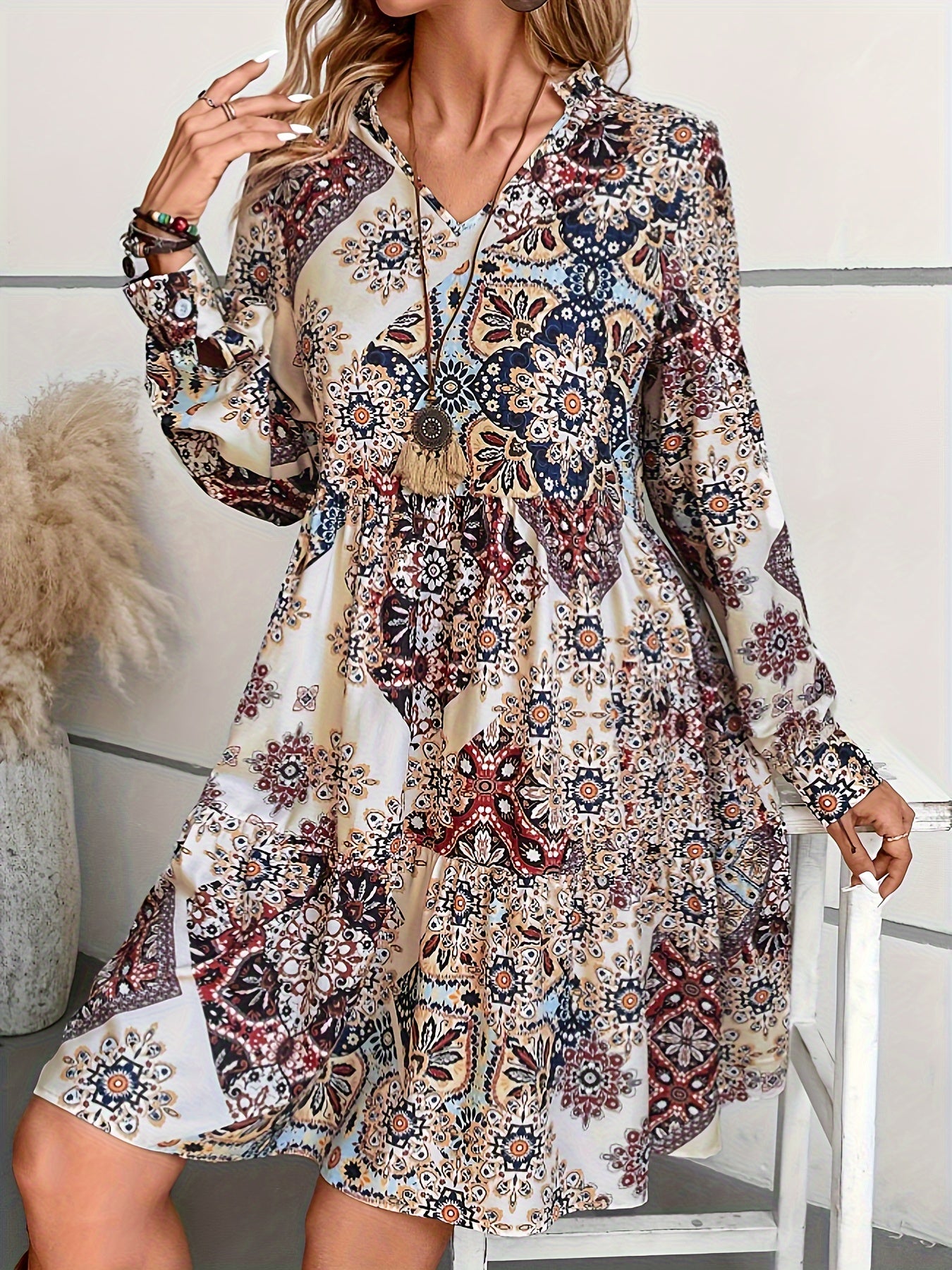 vlovelaw Floral Print V Neck Dress, Casual Long Sleeve Dress For Spring & Fall, Women's Clothing