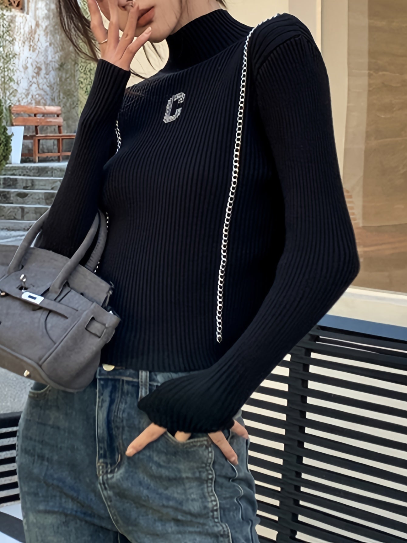 vlovelaw vlovelaw Letter Pattern Contrast Trim Sweater, Casual Long Sleeve Mock Neck Top, Women's Clothing