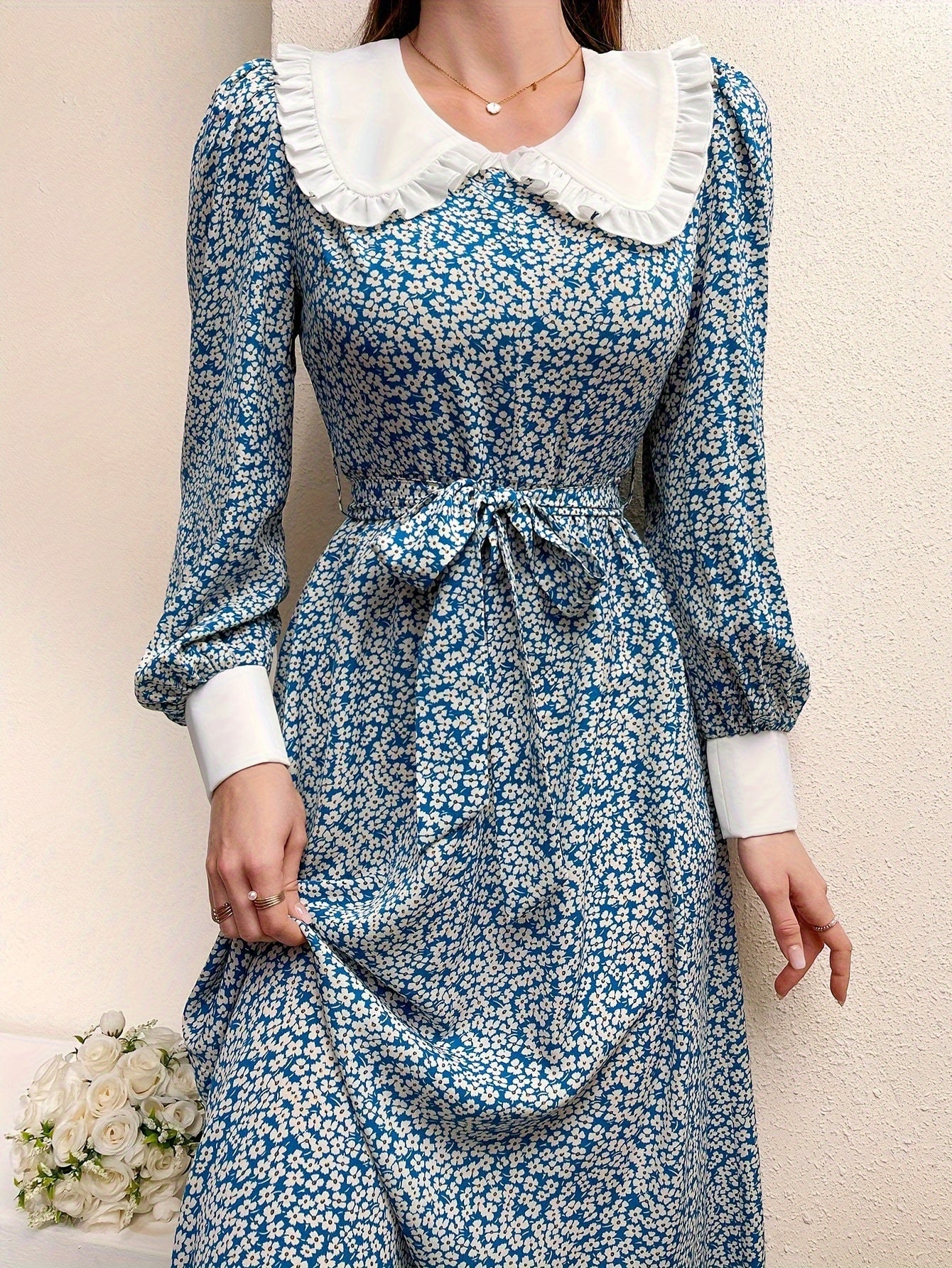 vlovelaw Floral Print Belted Dress, Elegant Long Sleeve Dress For Spring & Fall, Women's Clothing