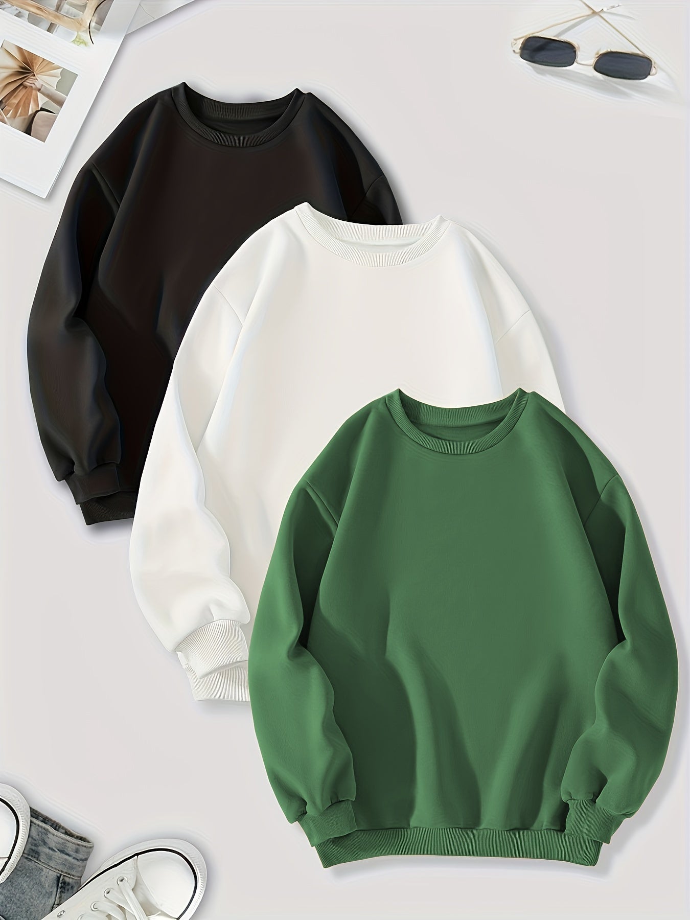 vlovelaw 3 Packs Mixed Color Pullover Sweatshirts, Casual Long Sleeve Crew Neck Sweatshirt, Women's Clothing