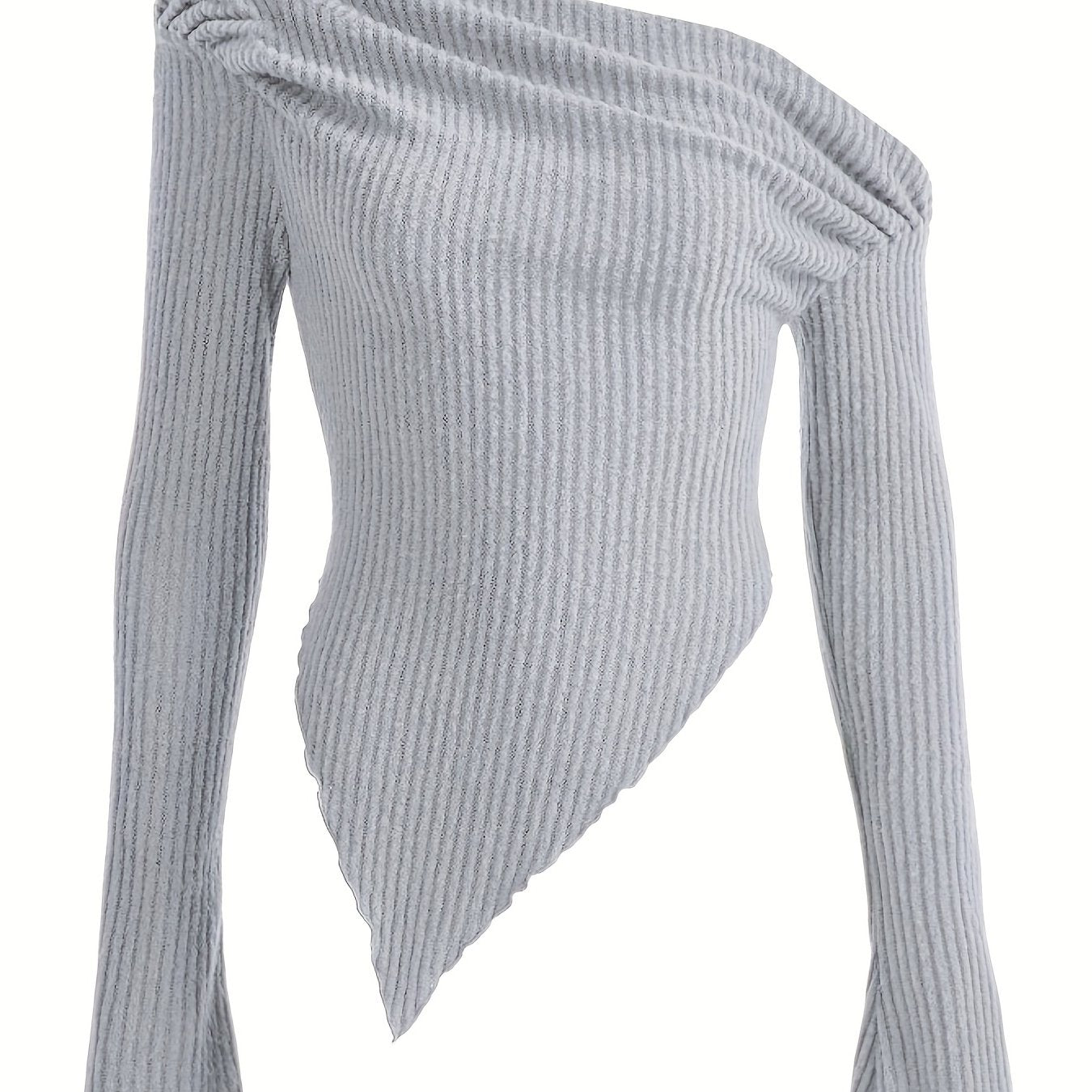 vlovelaw Solid Ruched Asymmetrical Neck T-Shirt, Casual Hanky Hem Long Sleeve Top For Spring & Fall, Women's Clothing