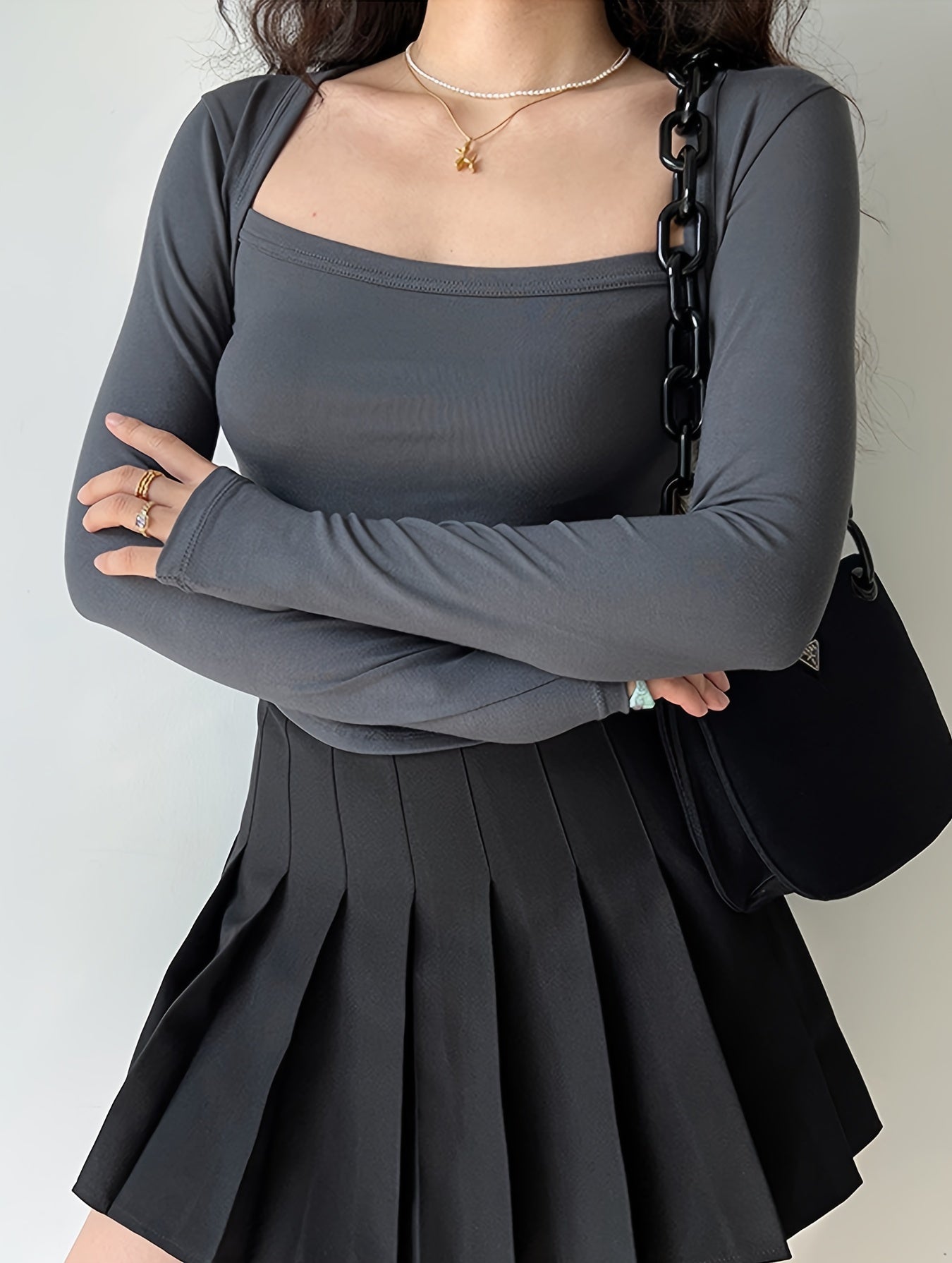 vlovelaw Solid Square Neck Curved Hem T-Shirt, Casual Long Sleeve Top For Spring & Fall, Women's Clothing