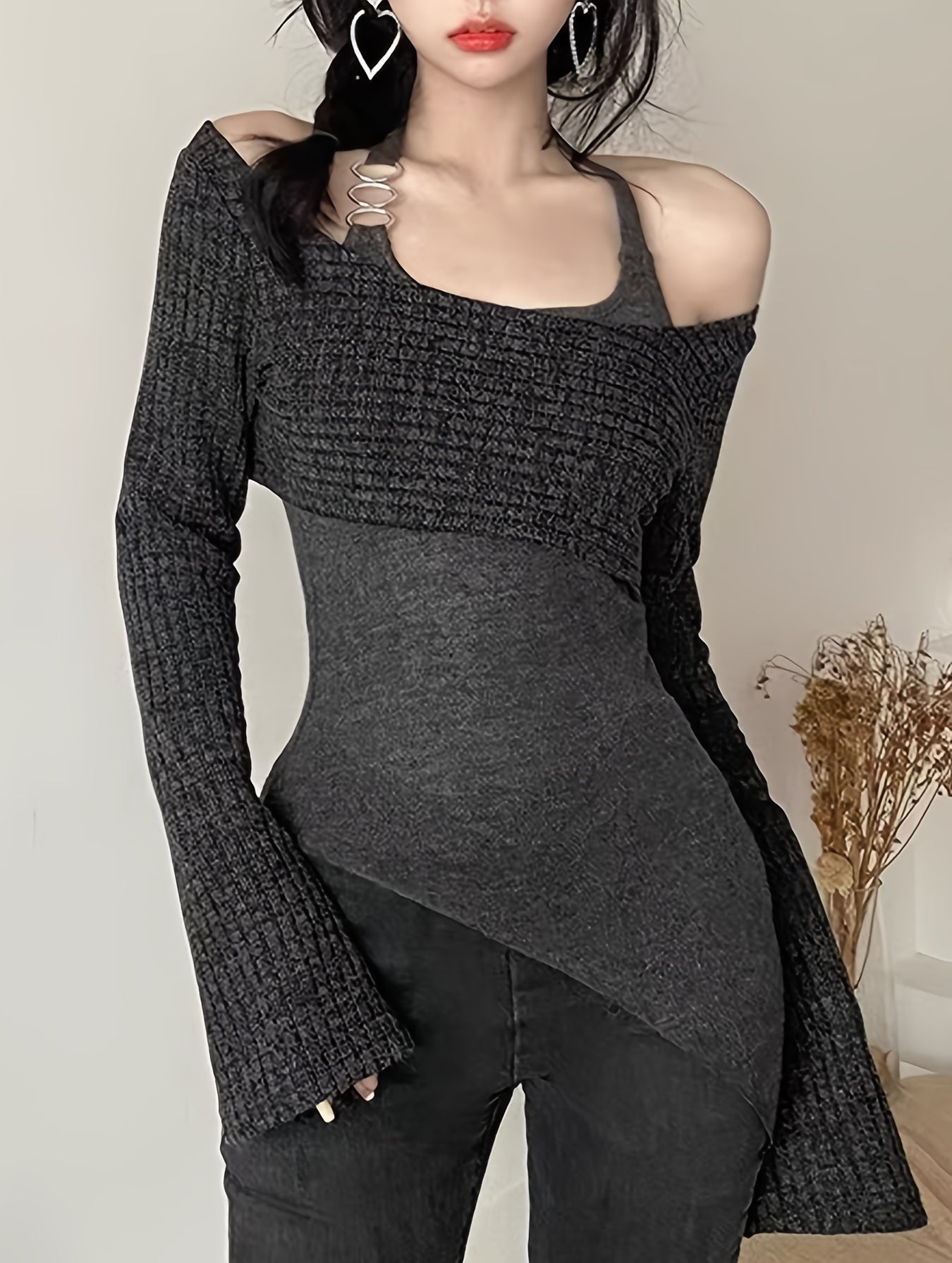 vlovelaw Stylish Two-piece Set, Off Shoulder Long Sleeve Crop Top & Halter Tie Neck Asymmetrical Hem Vest Outfits, Women's Clothing