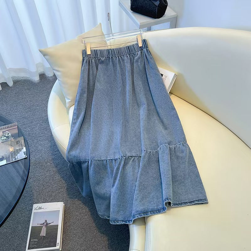 vlovelaw  Blue Ruffle Hem Denim Midi Skirt, Single Breasted Button Washed Elegant Denim Skirt, Women's Denim Clothing