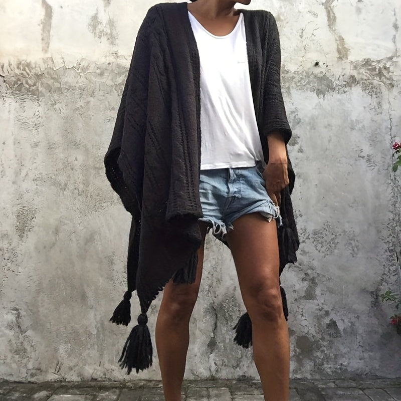 vlovelaw Ribbed Knitted Tassel Shawl Warm Windproof Wrap Poncho Boho Solid Color Cloak Trendy Sweater Cape Cardigan
