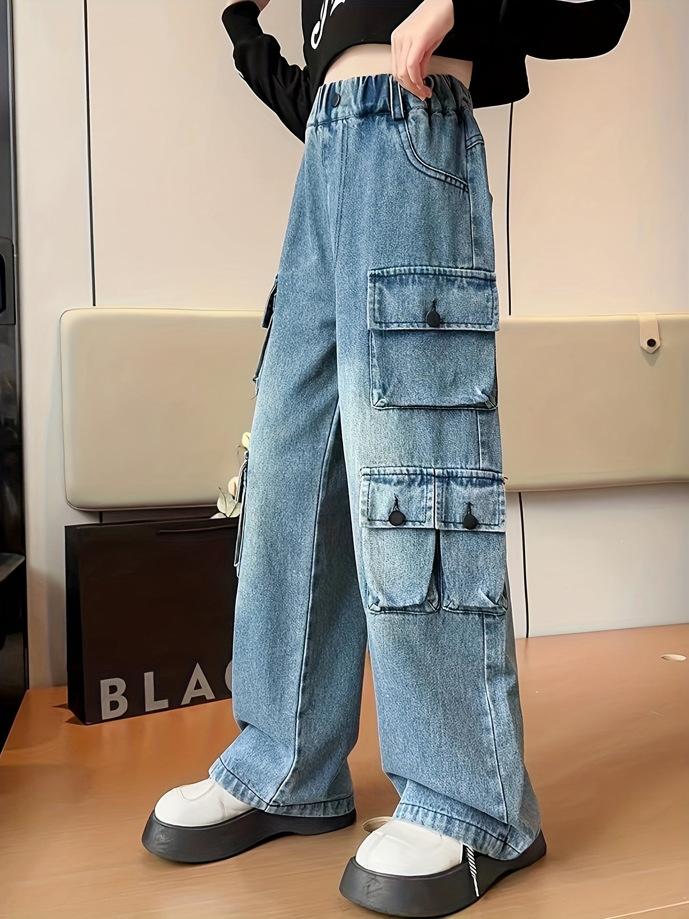 Girls' Autumn/winter Trousers, Trendy Loose Straight Multi-pocket Cargo Denim Pants, Kids' Jeans For Outdoor, Kids Clothing