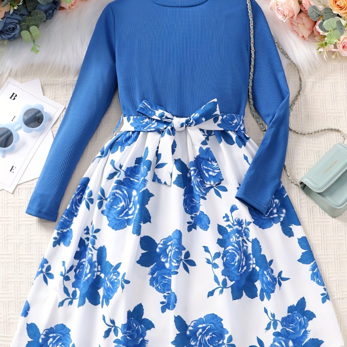vlovelaw Girls Long Sleeves Round Neck Flowers Splicing Belted Dress For Party Kids Spring Clothes