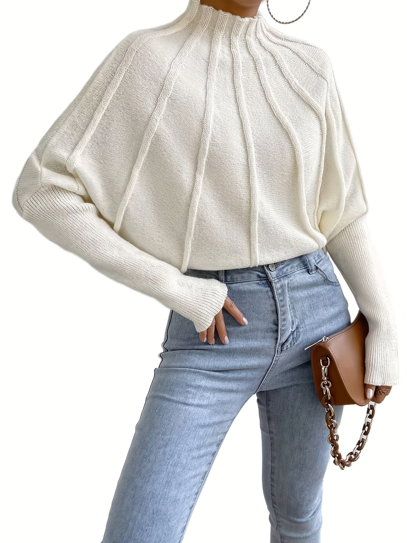 vlovelaw Solid Mock Neck Pullover Sweater, Elegant Batwing Sleeve Stylish Sweater, Women's Clothing