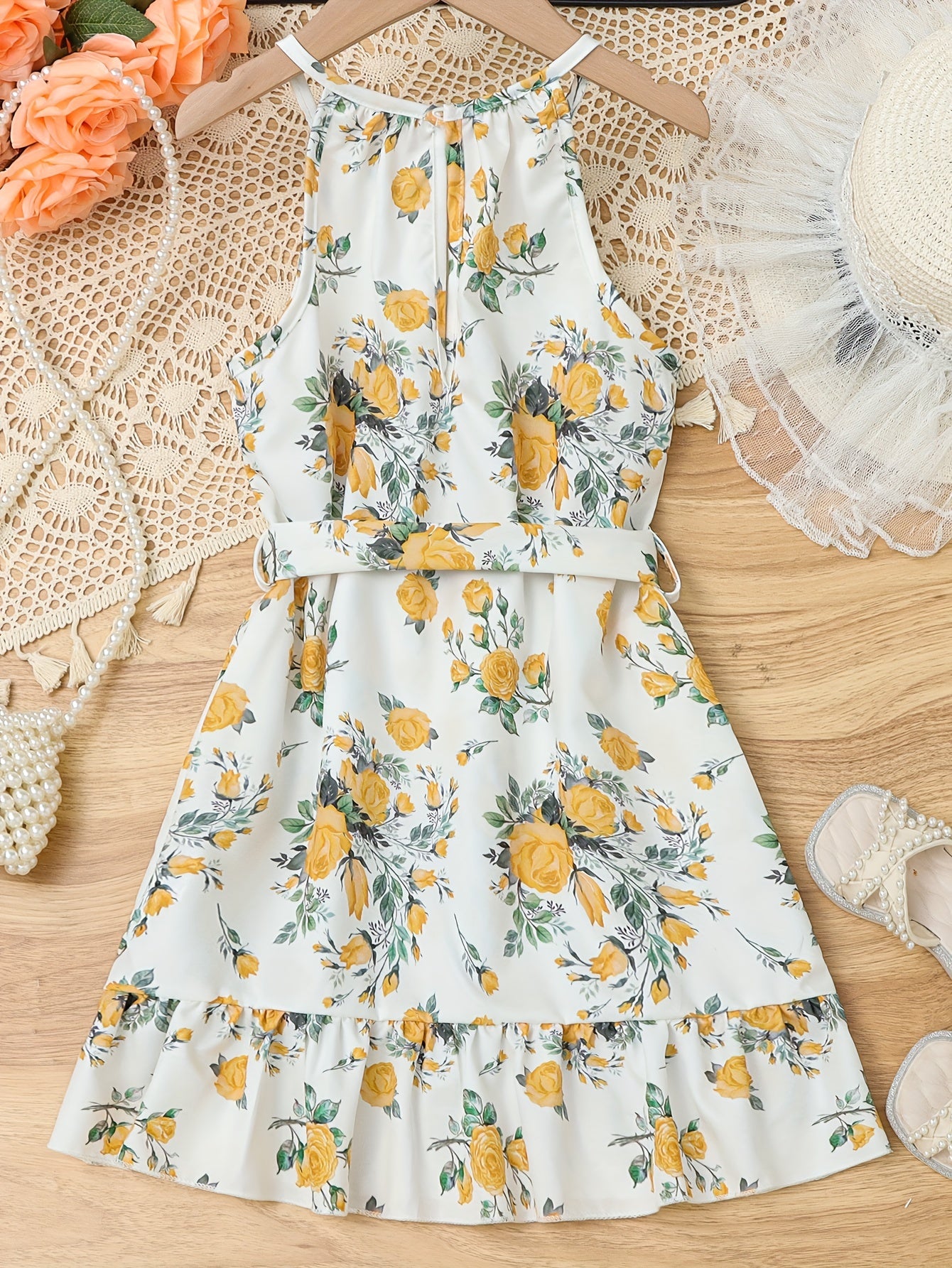 Adorable Vintage-Inspired Girls Floral Halter Dress - Flowy & Breathable for Summer Holidays, Perfect Festive Party Wear & Gift Idea