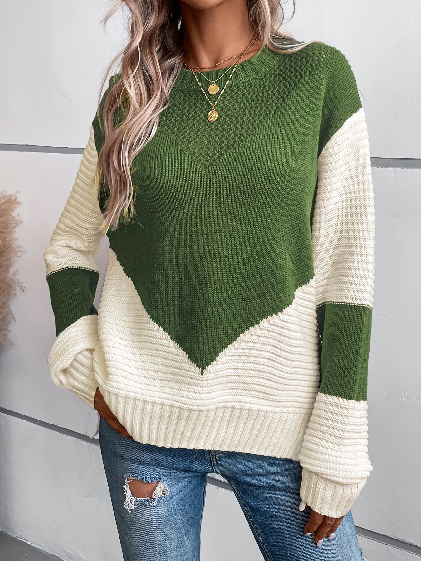 Color Block Crew Neck Sweater, Casual Long Sleeve Split Side Sweater, Women's Clothing