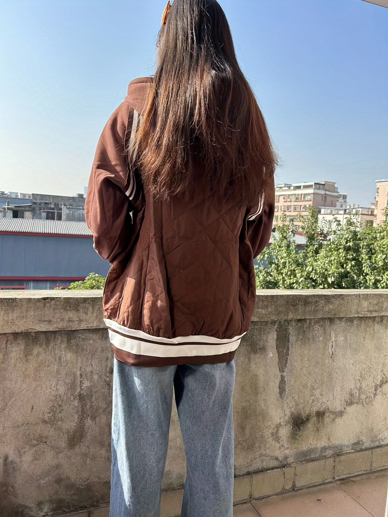 vlovelaw Color Block Cotton-padded Jacket Coat, Casual Long Sleeve Cowl Neck Warm Outwear For Winter, Women's Clothing