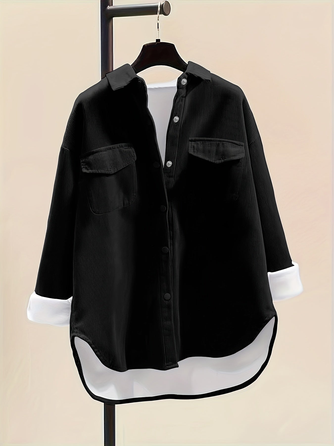 Button Front Plush Lined Solid Jacket, Casual Collared Long Sleeve Outerwear, Women's Clothing