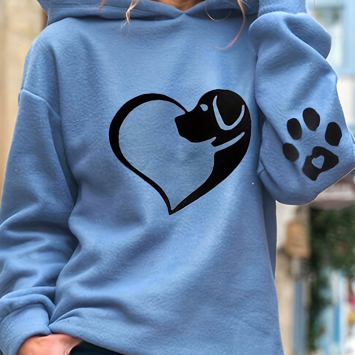 vlovelaw  Dog & Heart & Paw Print Hoodie, Casual Long Sleeve Hoodie Sweatshirt, Women's Clothing