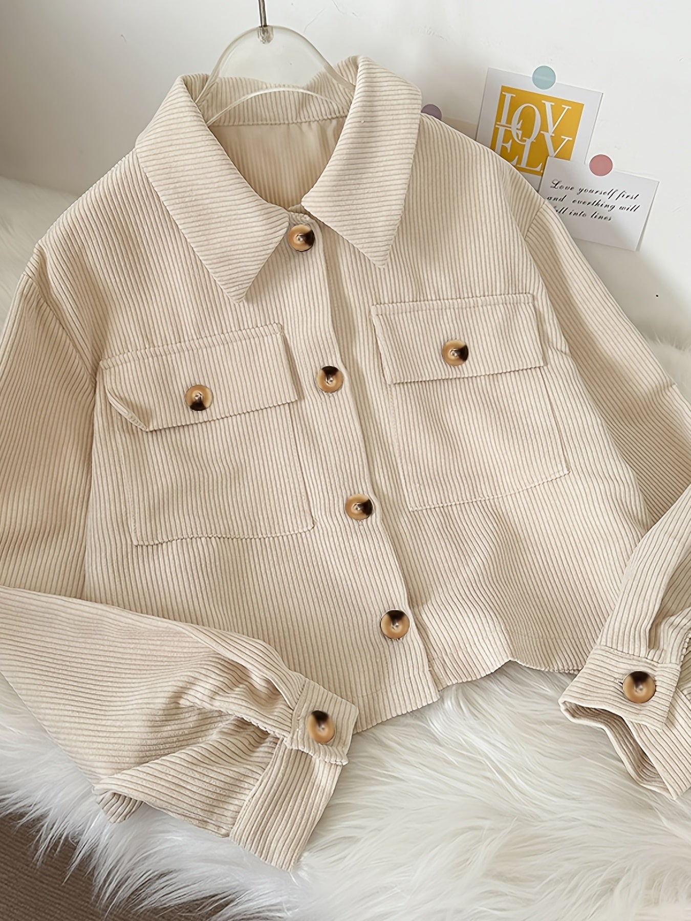Flap Pockets Corduroy Crop Jacket, Casual Long Sleeve Jacket For Fall & Winter, Women's Clothing