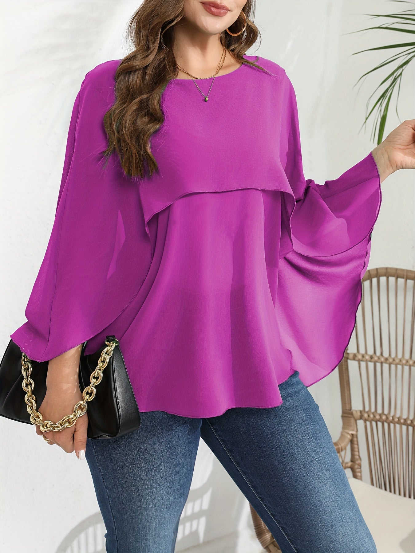 vlovelaw Plus Size Elegant Blouse, Women's Plus Solid Layered Mesh Batwing Sleeve Round Neck Shirt Top