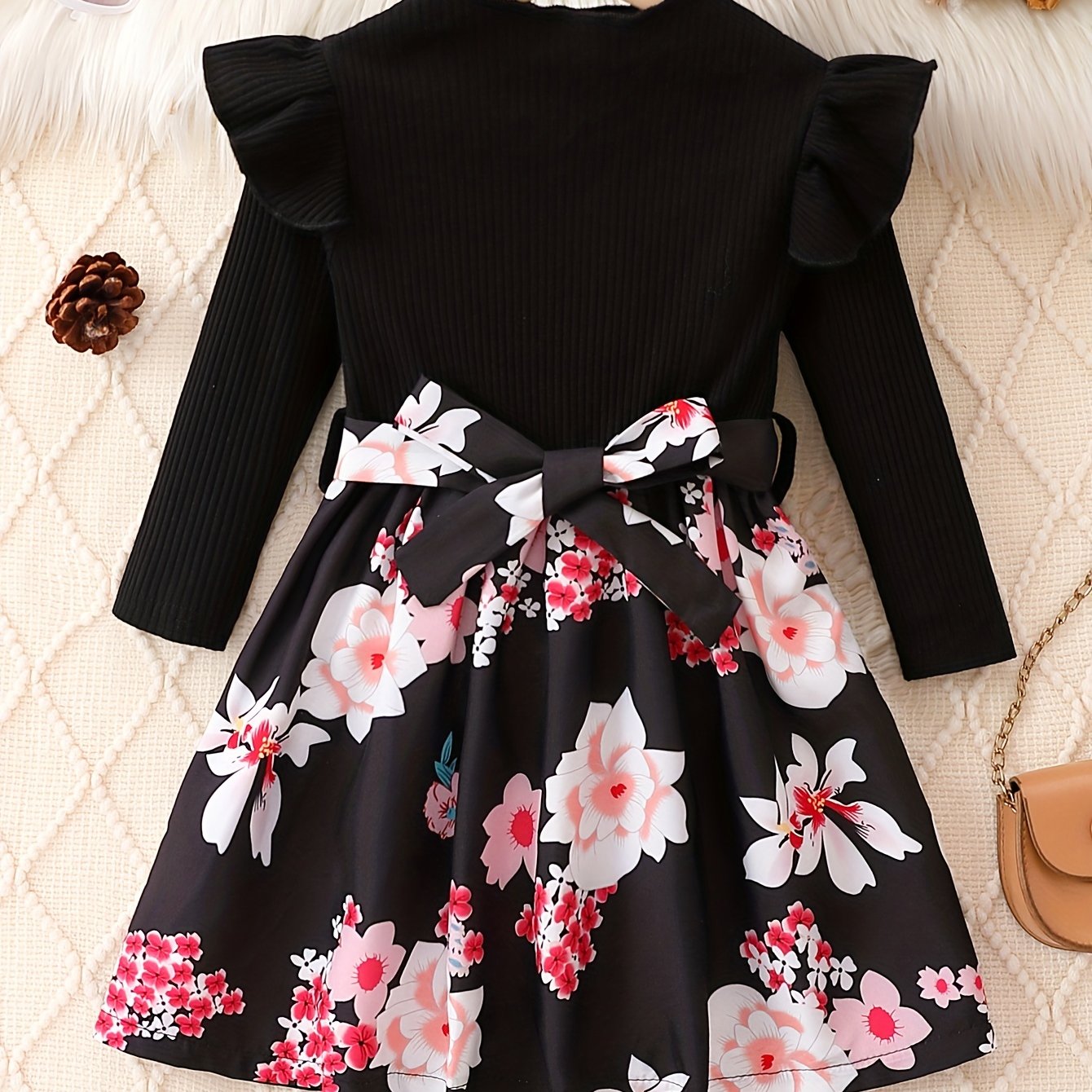 vlovelaw Girl's Leopard Print Stitching Rib Knit Comfort Fit Long Sleeve Dress For Party Going Out, Kid's Dresses Gift Idea