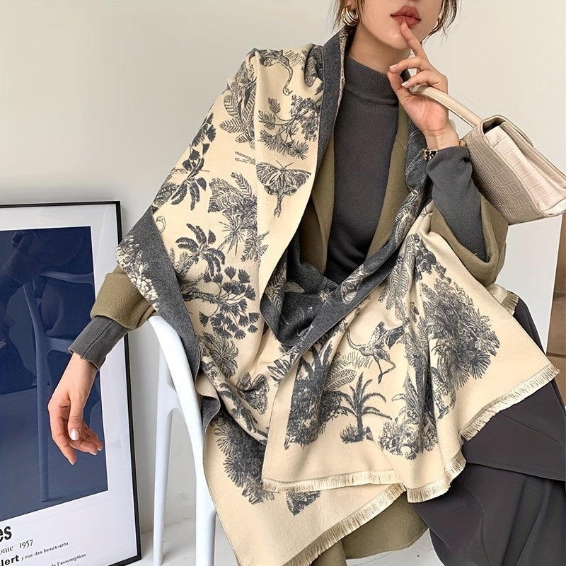 vlovelaw Vintage Plant Flower Jacquard Scarf Imitation Cashmere Elegant Soft Warm Cozy Fringe Shawl Autumn Winter Coldproof Windproof Blanket Scarf