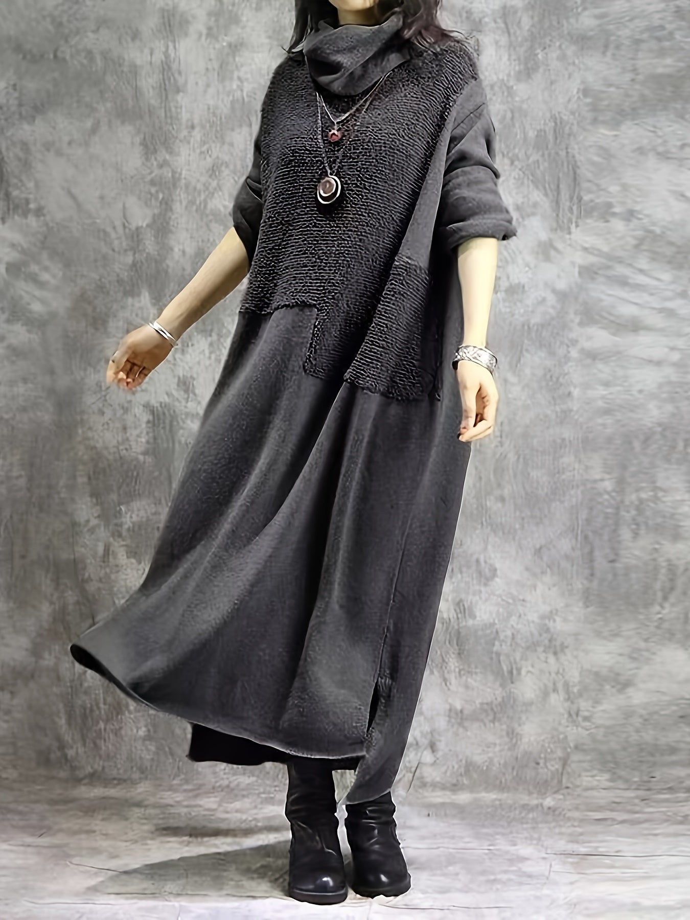 Plus Size Casual Dress, Women's Plus Solid Fleece Long Sleeve High Neck Side Split Maxi Dress