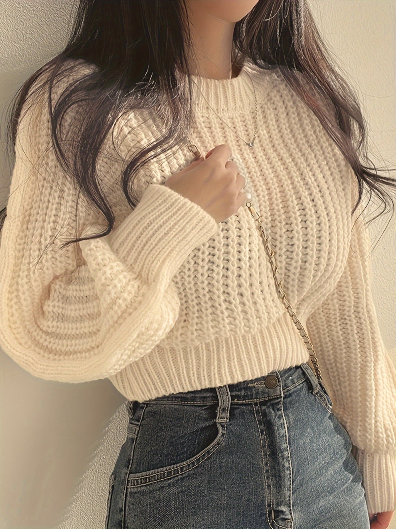 Solid Crew Neck Chunky Knit Sweater, Casual Long Sleeve Crop Pullover Sweater, Women's Clothing