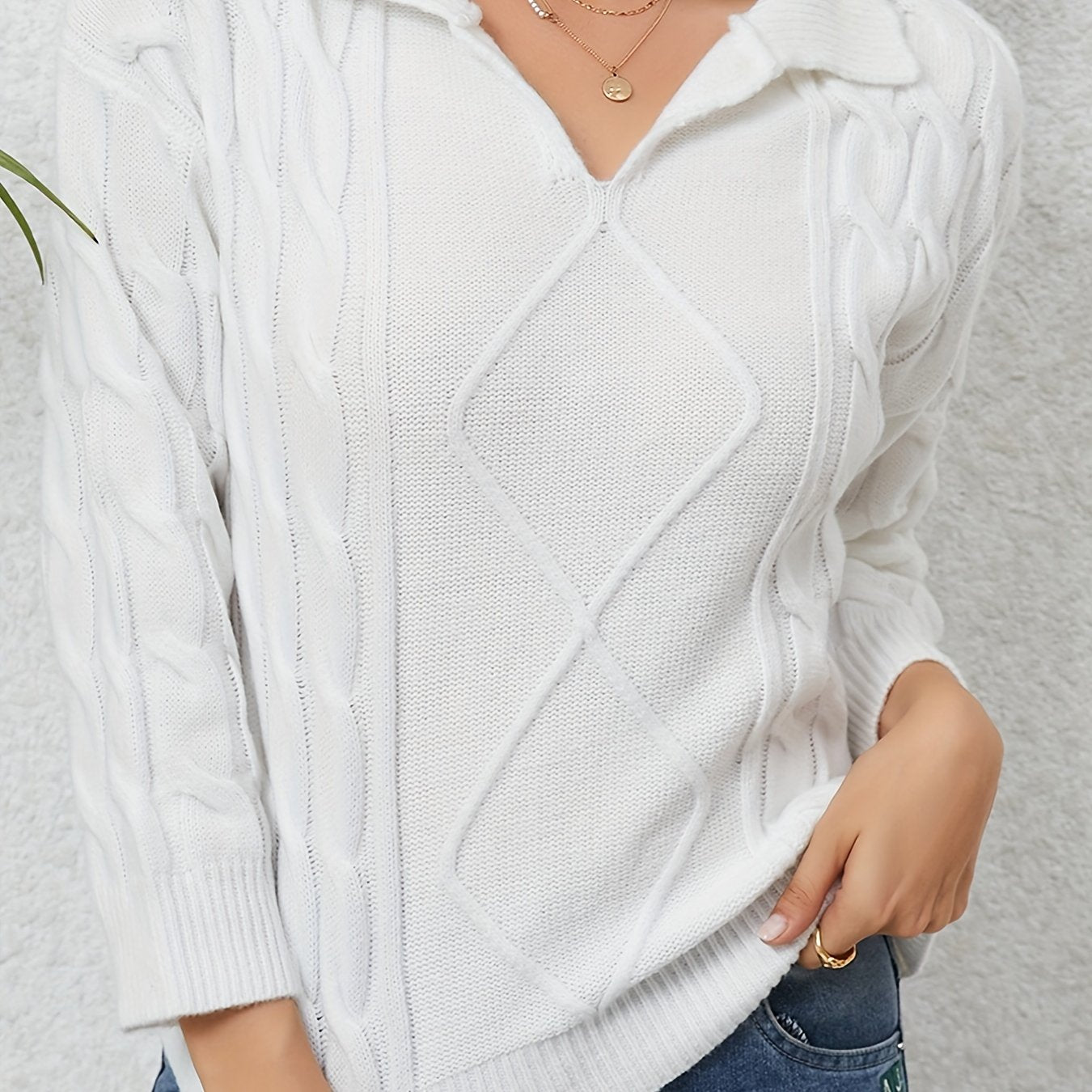 vlovelaw Solid Cable Knit Sweater, Casual V Neck 3/4 Sleeve Sweater, Women's Clothing