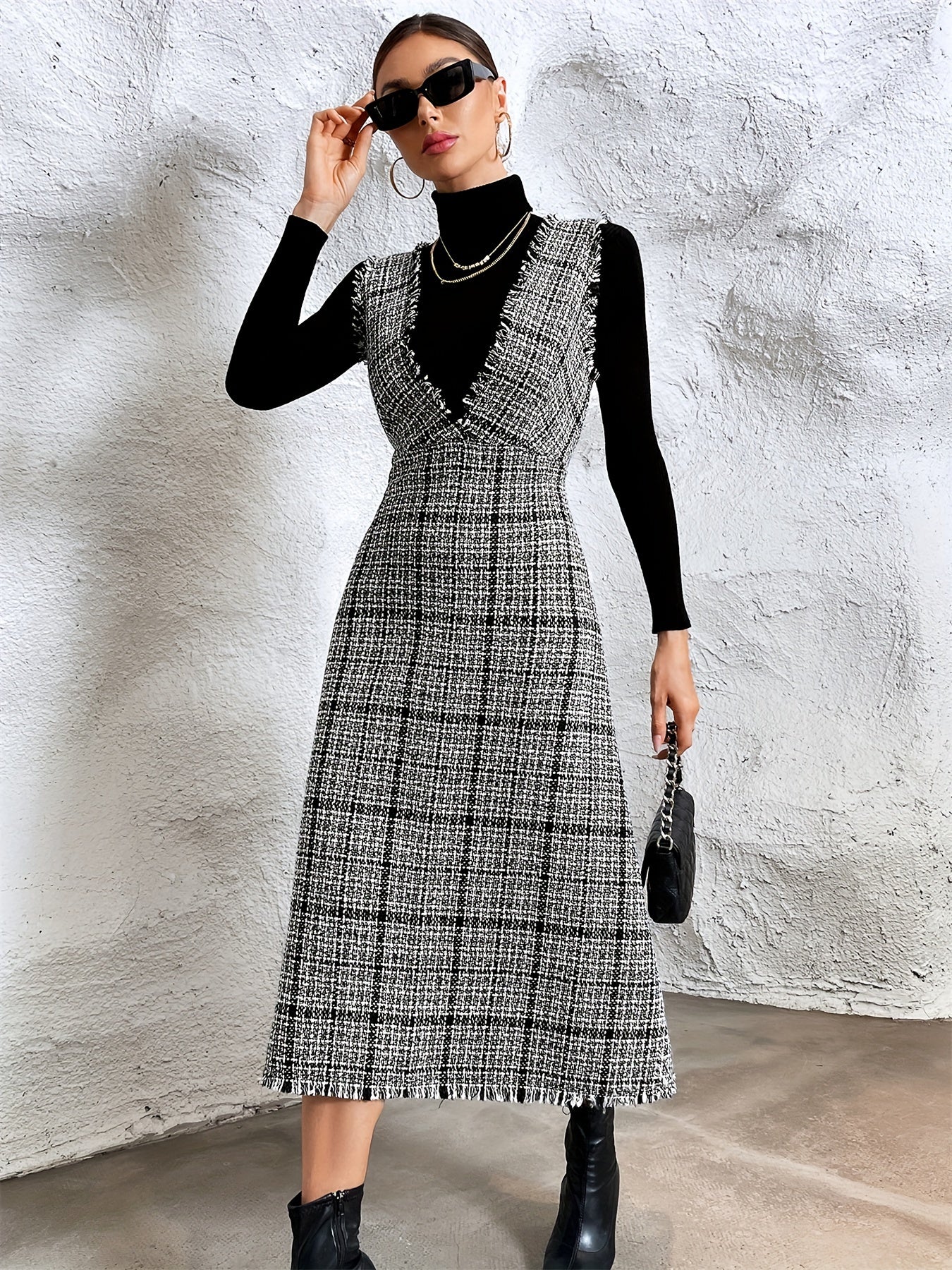 vlovelaw Plaid Print Raw Trim Overall Dress, Sleeveless V-neck Elegant Dress, Women's Clothing
