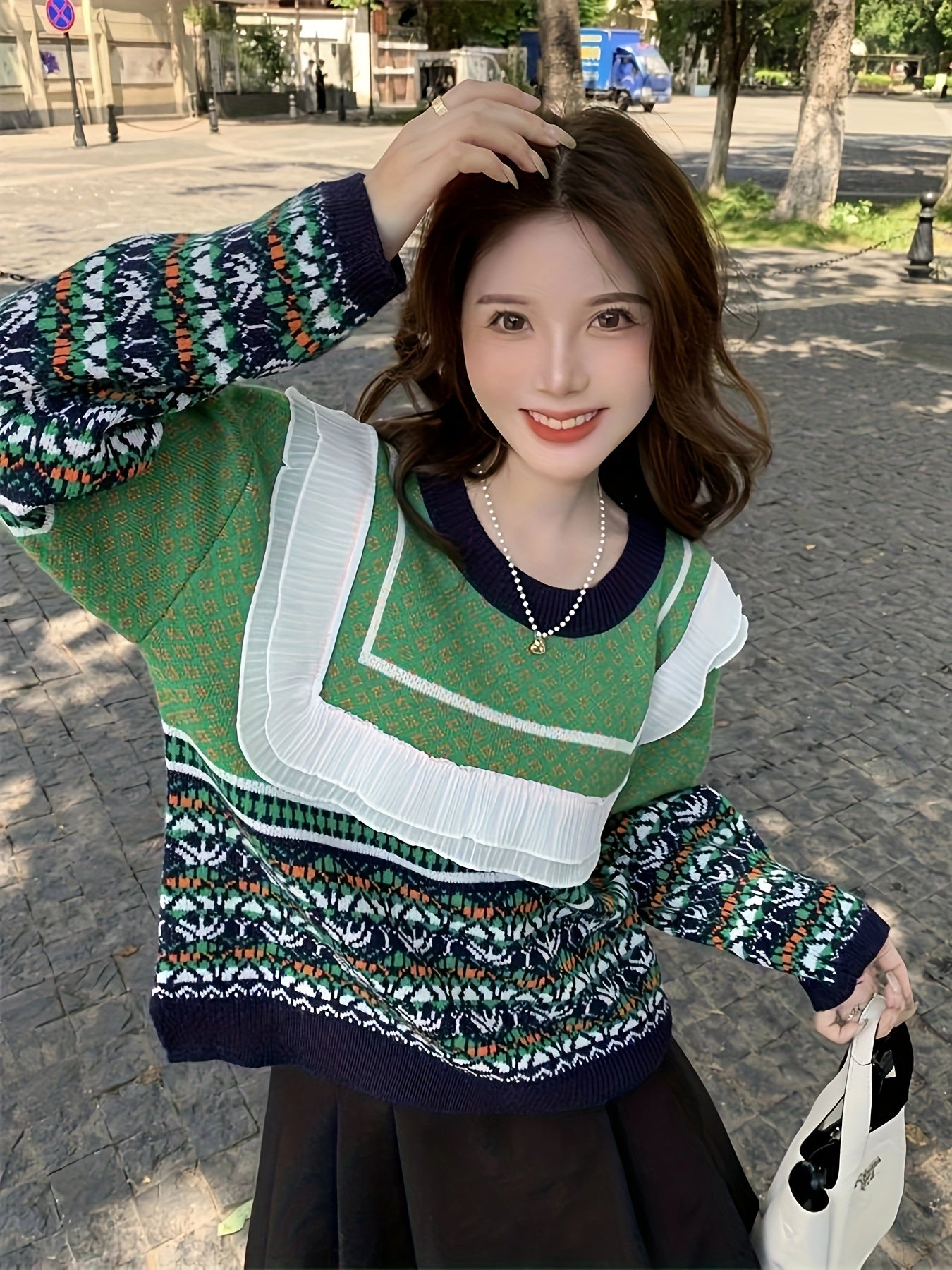 vlovelaw Allover Print Mesh Decor Sweater, Casual Crew Neck Long Sleeve Sweater For Fall & Winter, Women's Clothing