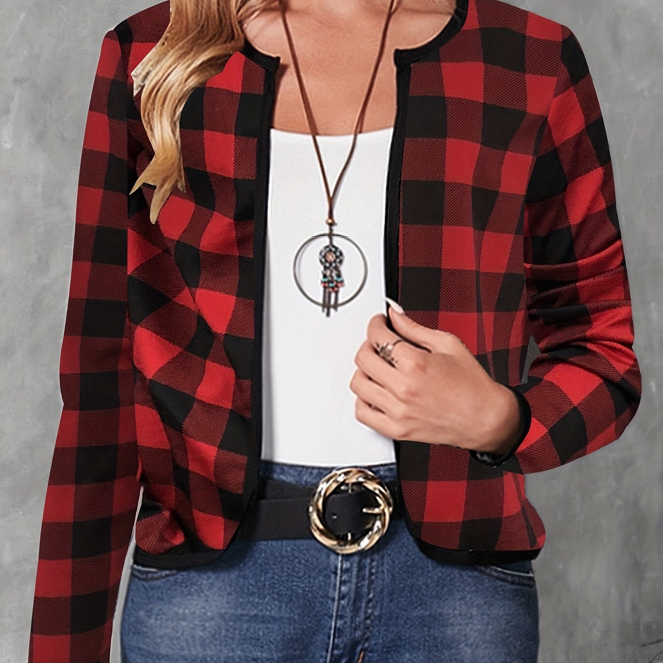 Plaid Print Crew Neck Long Sleeve Crop Jacket, Casual Loose Comfy Stylish Open Front Outerwear, Women's Clothing