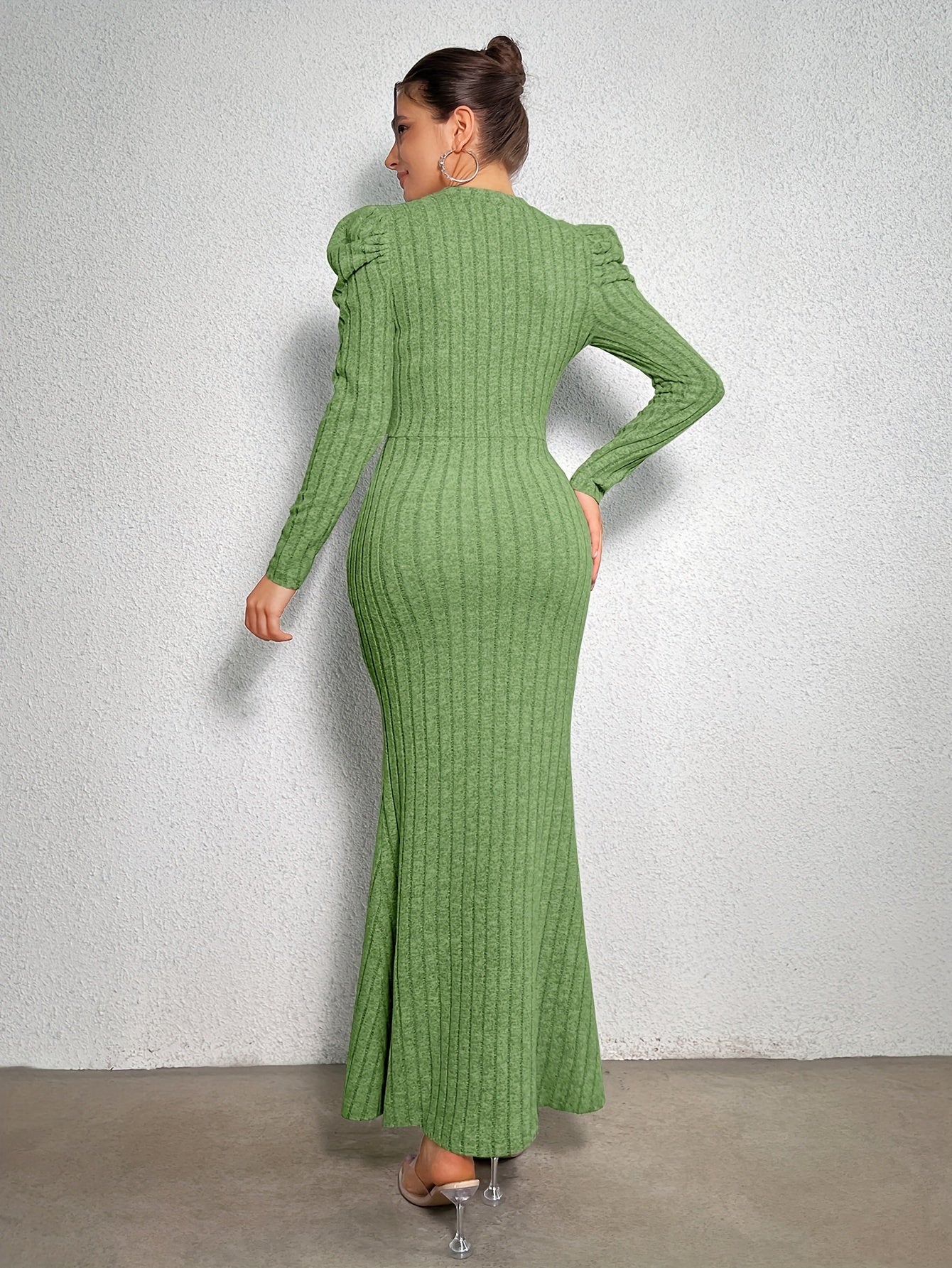 vlovelaw Solid Ribbed Bodycon Dress, Casual Long Sleeve Maxi Dress, Women's Clothing