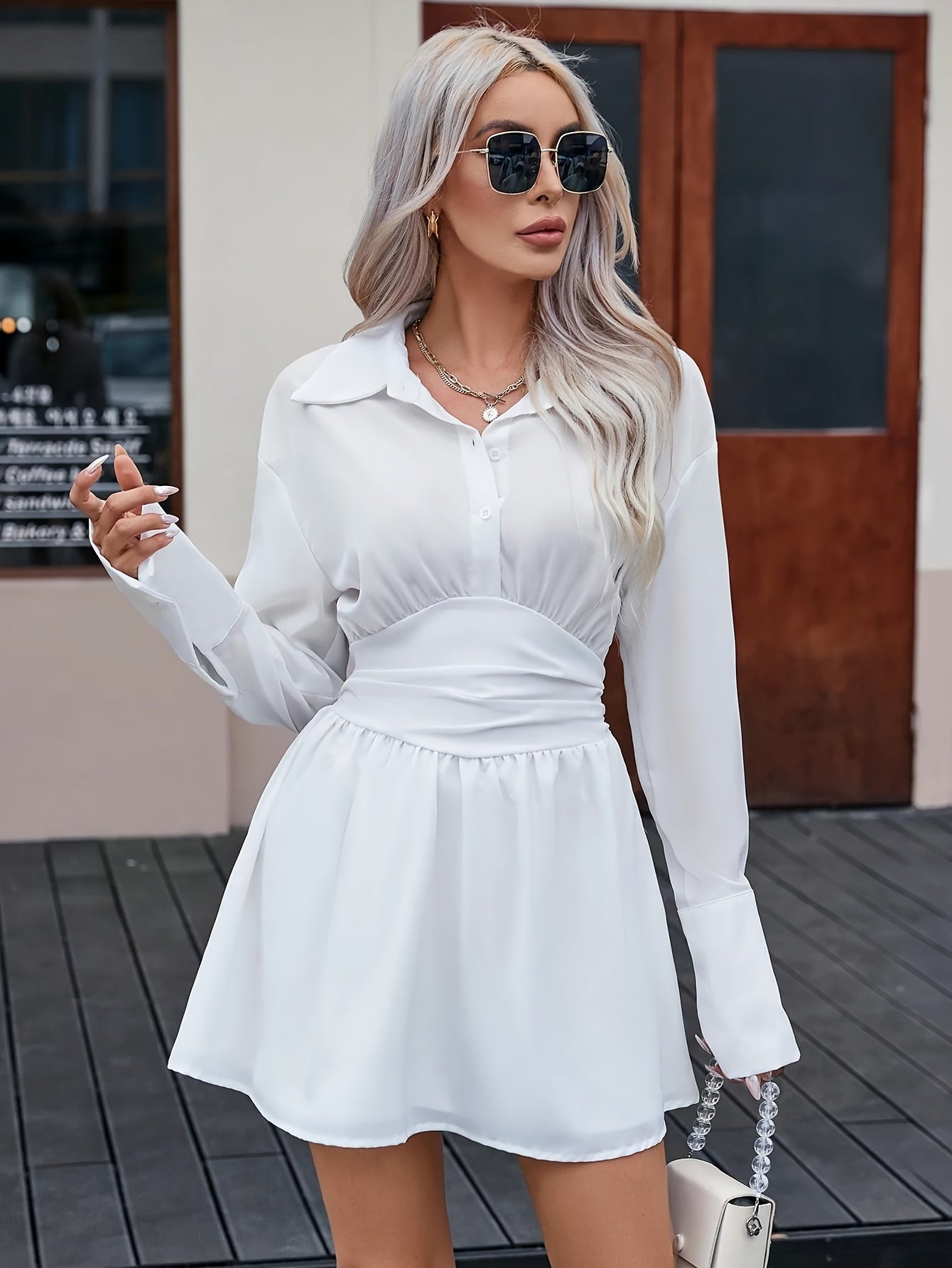 vlovelaw Solid Button Front Dress, Elegant Long Sleeve Shirred Dress For Spring & Fall, Women's Clothing