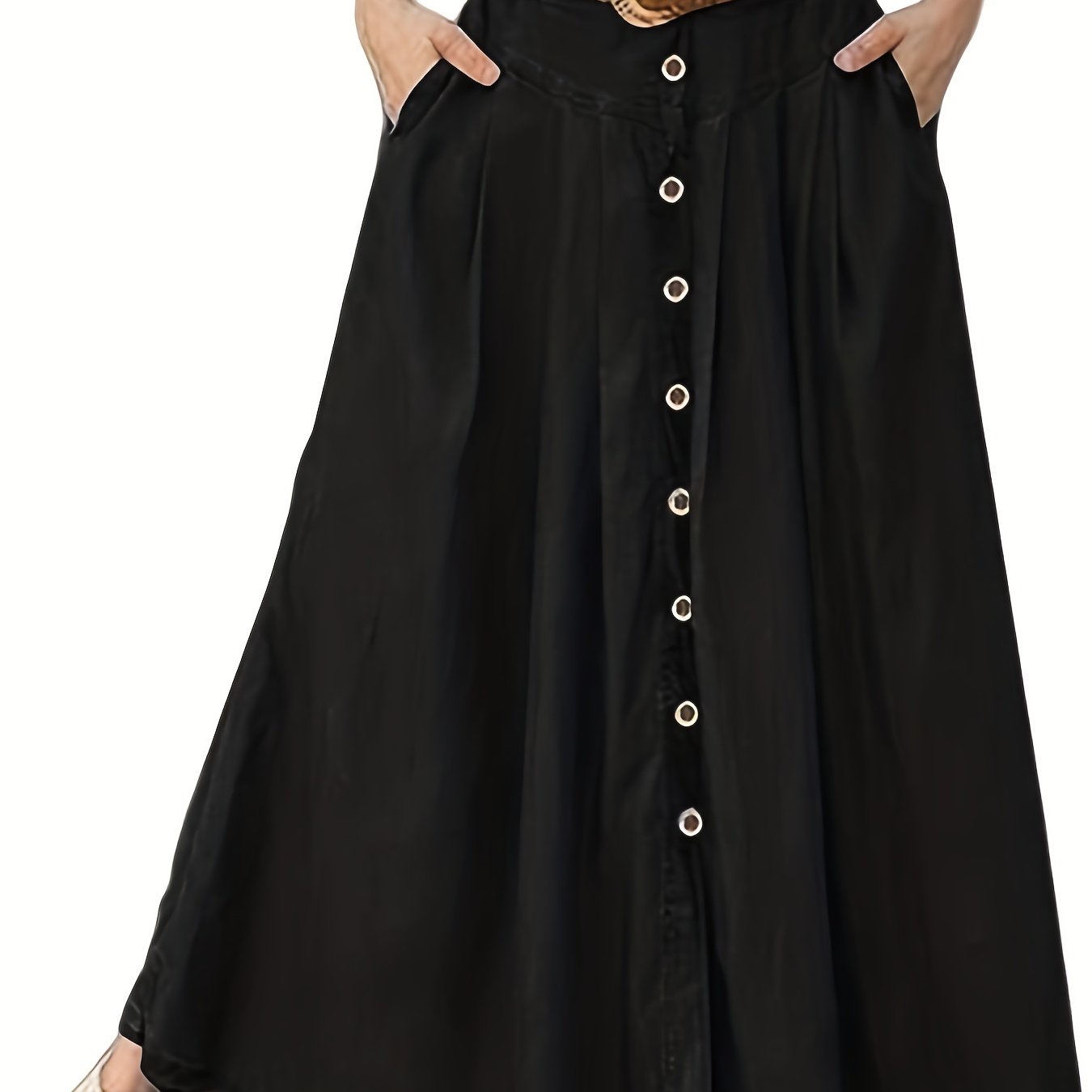 Button Up Maxi Skirt Without Belt, Solid Vacation Casual Skirt, Women's Clothing