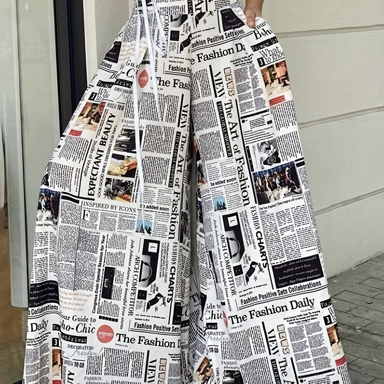 vlovelaw Plus Size Casual Pants, Women's Plus Newspaper Pattern Waist Band High Waist Wide Leg Loose Pants With Pockets
