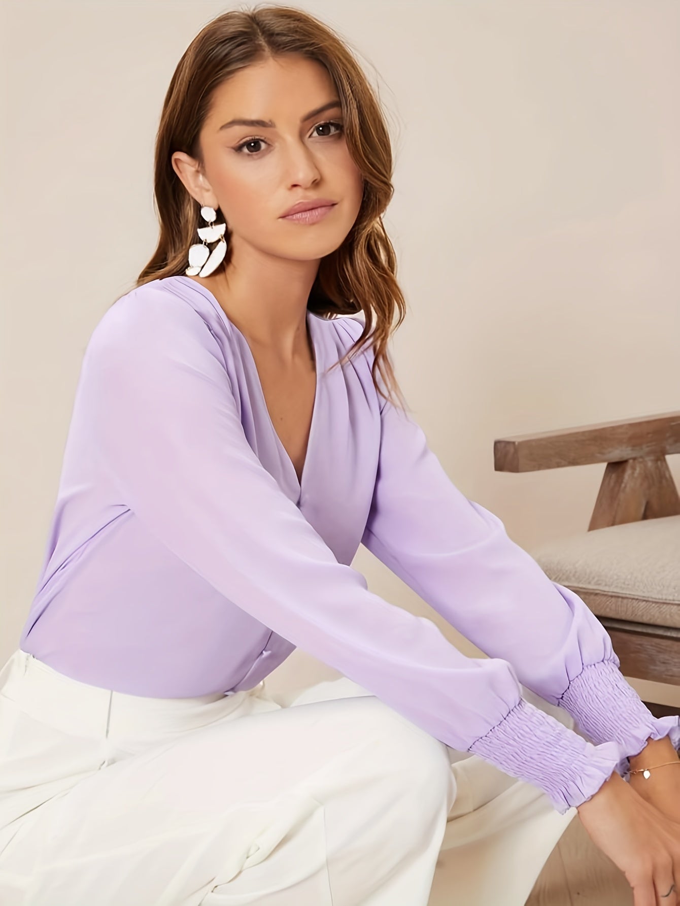 Solid Shirred Daily Wear Blouse, Elegant V Neck Long Sleeve Blouse, Women's Clothing