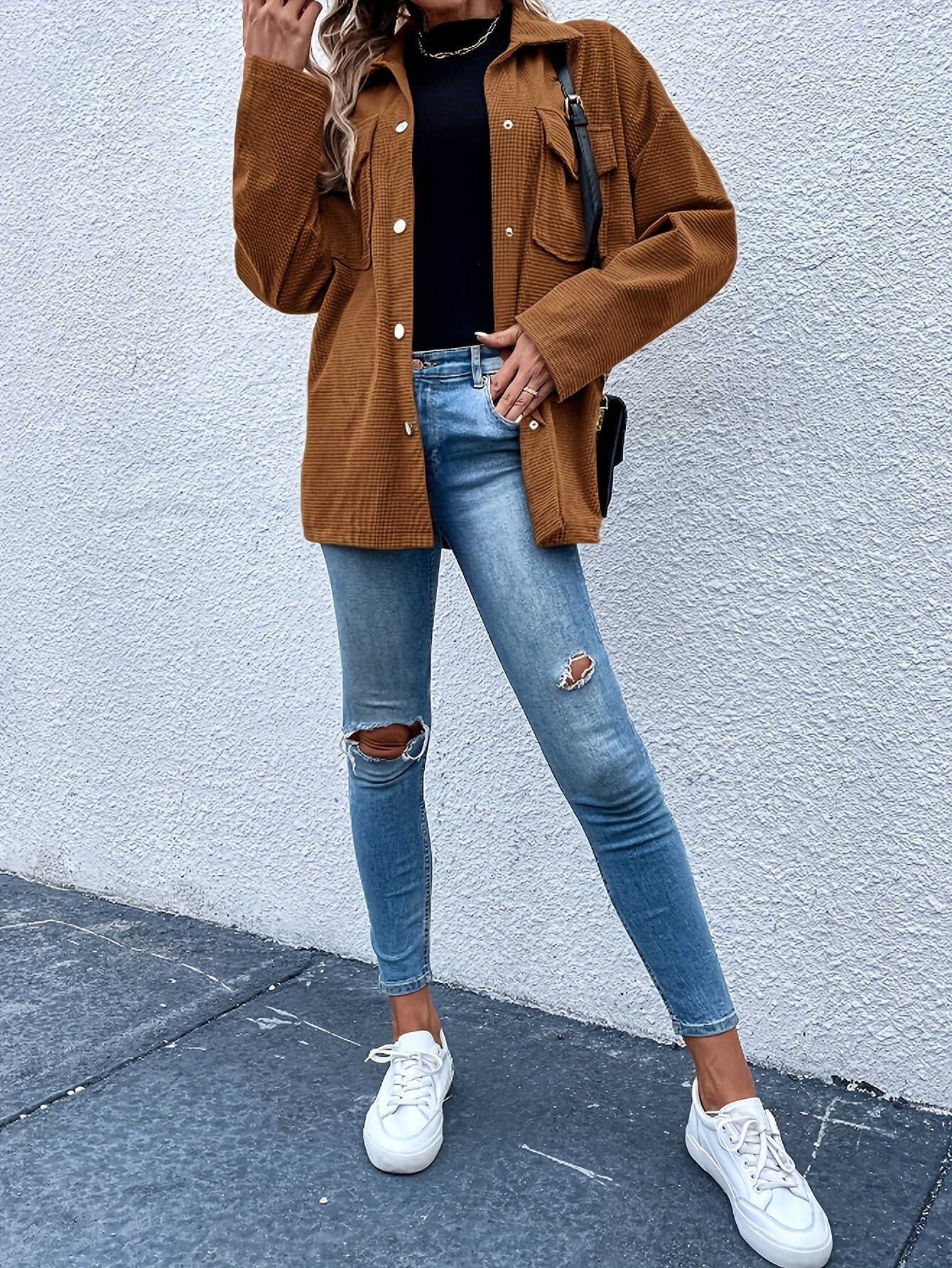 Solid Color Button Front Shirt, Casual Long Sleeve Shirt For Spring & Fall, Women's Clothing