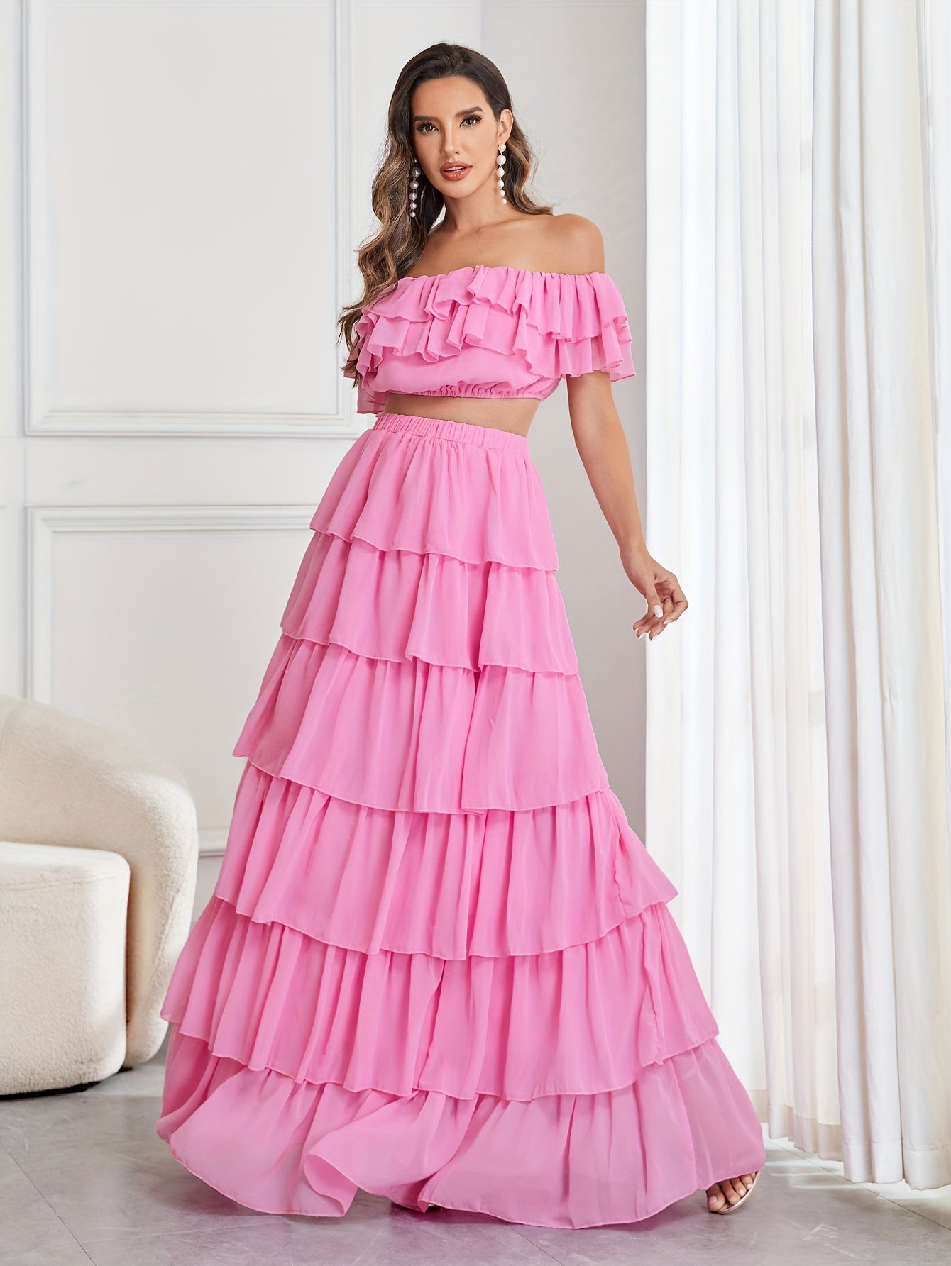 vlovelaw Elegant Two-piece Set, Off Shoulder Ruffle Trim Crop Top & Layer Hem Skirt Outfits, Women's Clothing