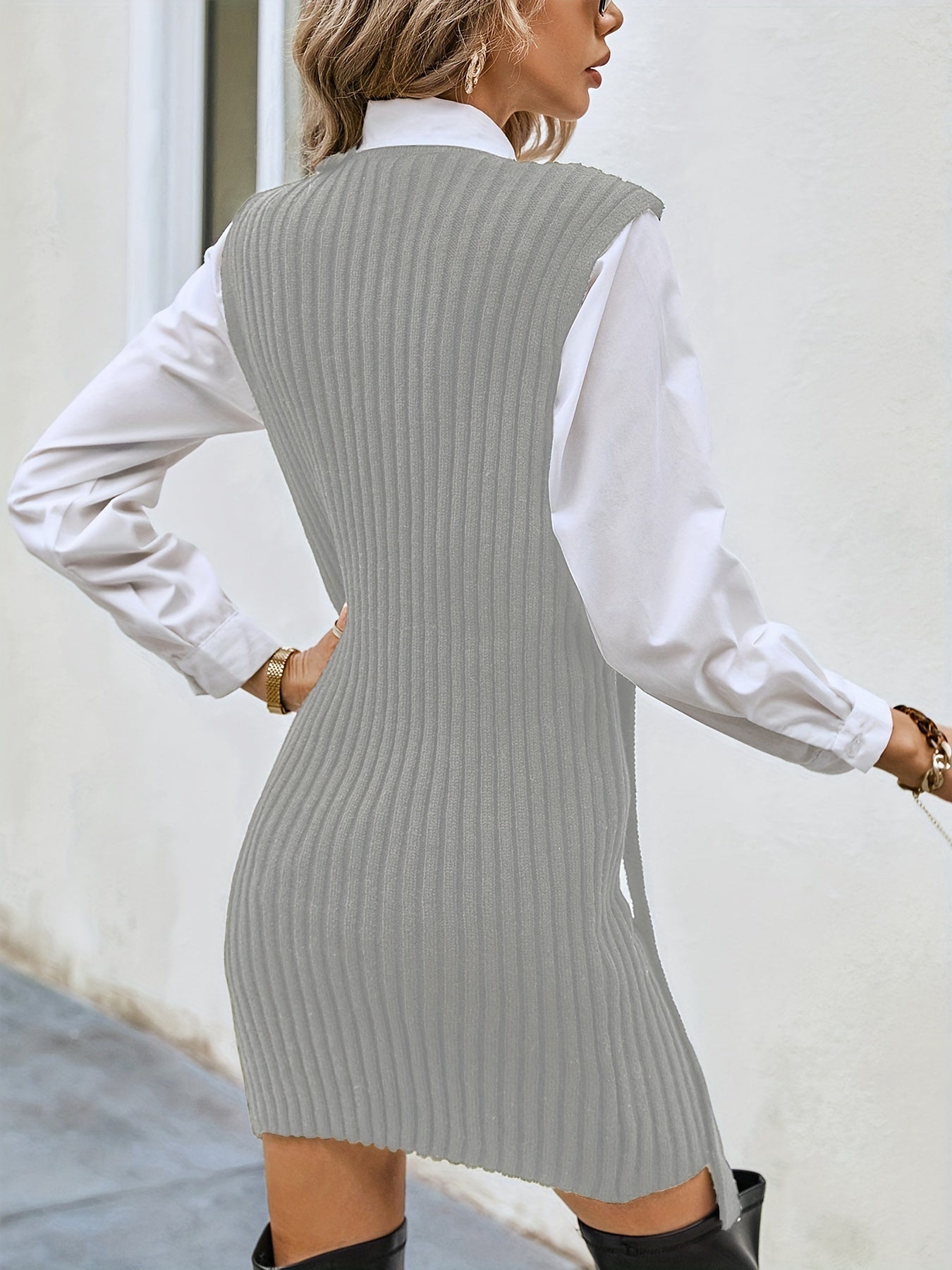 Ribbed Button Decor Knitted Tank Dress, Casual Streamer Sleeveless Above Knee Dress, Women's Clothing